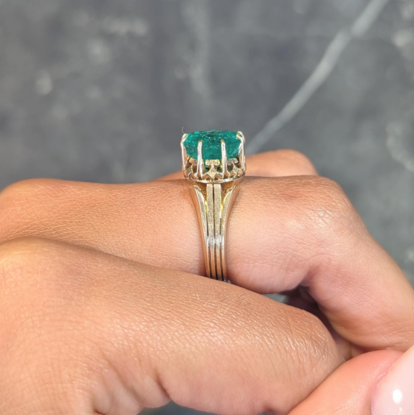 Victorian 3.60 CTW Colombian Emerald 14K Yellow Gold Antique Solitaire Ring GIA 9
