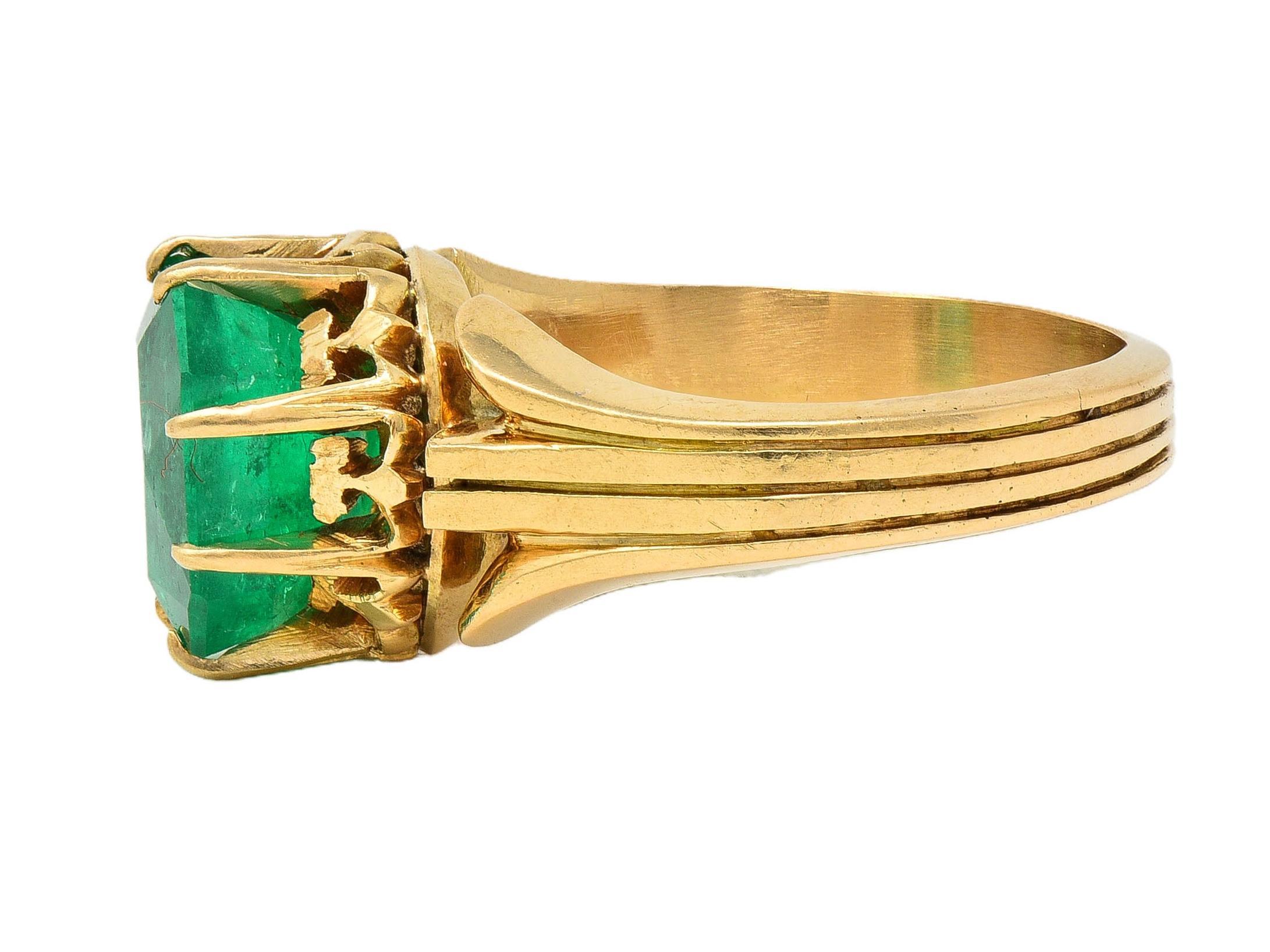 Victorian 3.60 CTW Colombian Emerald 14K Yellow Gold Antique Solitaire Ring GIA 2
