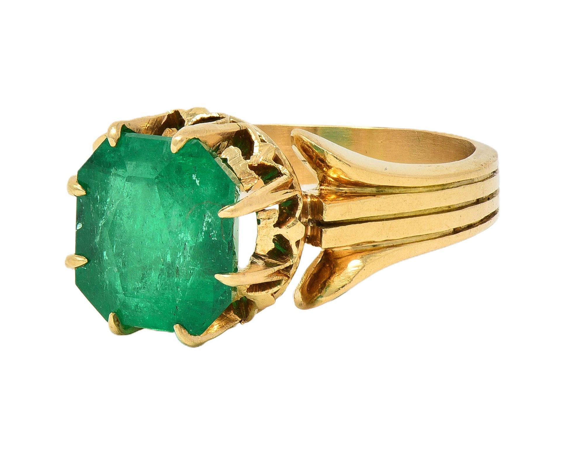Victorian 3.60 CTW Colombian Emerald 14K Yellow Gold Antique Solitaire Ring GIA 3