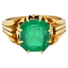 Victorian 3.60 CTW Colombian Emerald 14K Yellow Gold Antique Solitaire Ring GIA