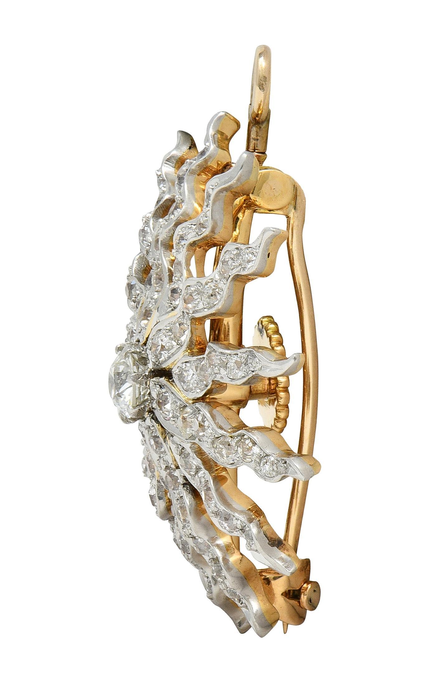 Taglio vecchia miniera Spilla vittoriana con ciondolo a stella antica in oro 14K e platino con diamante da 3,62 CTW in vendita