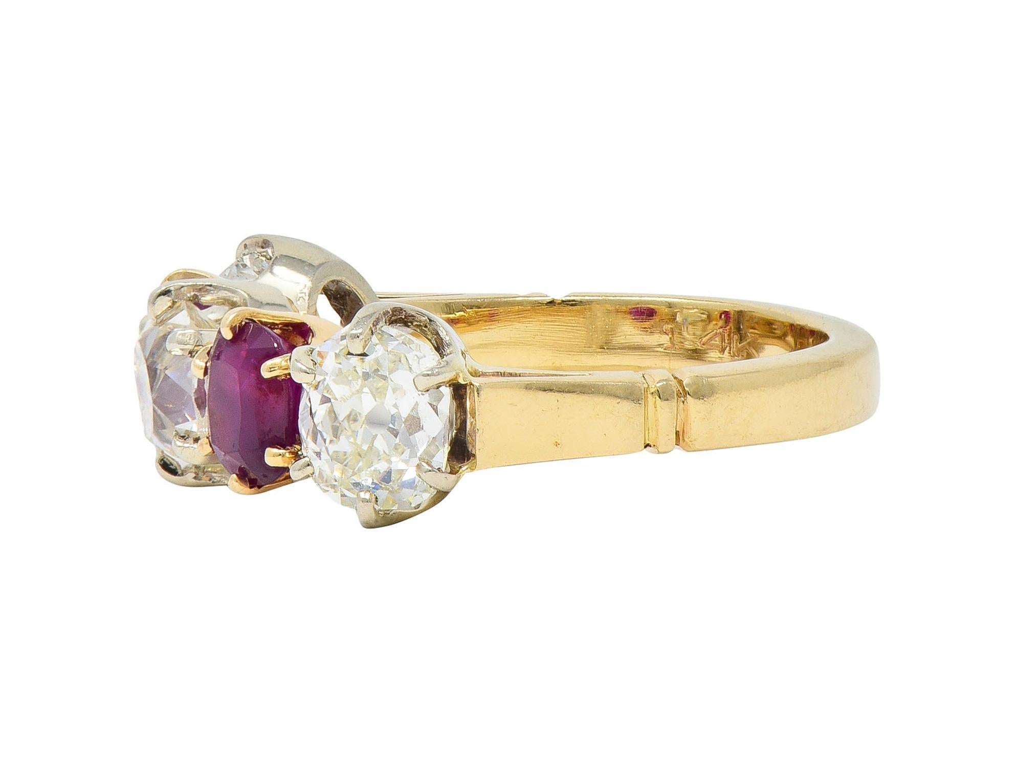 da uomo o donna Anello vittoriano con rubino 3,62 CTW e diamante Old Mine Cut in oro bicolore 14 carati in vendita
