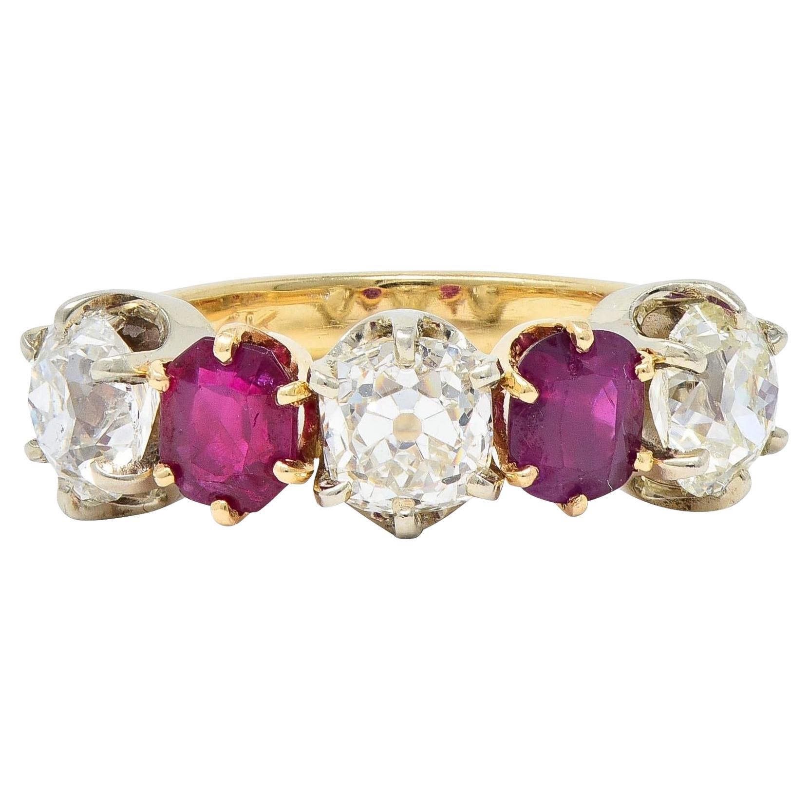 Victorian 3.62 CTW Ruby Old Mine Cut Diamond 14 Karat Two-Tone Gold Band Ring