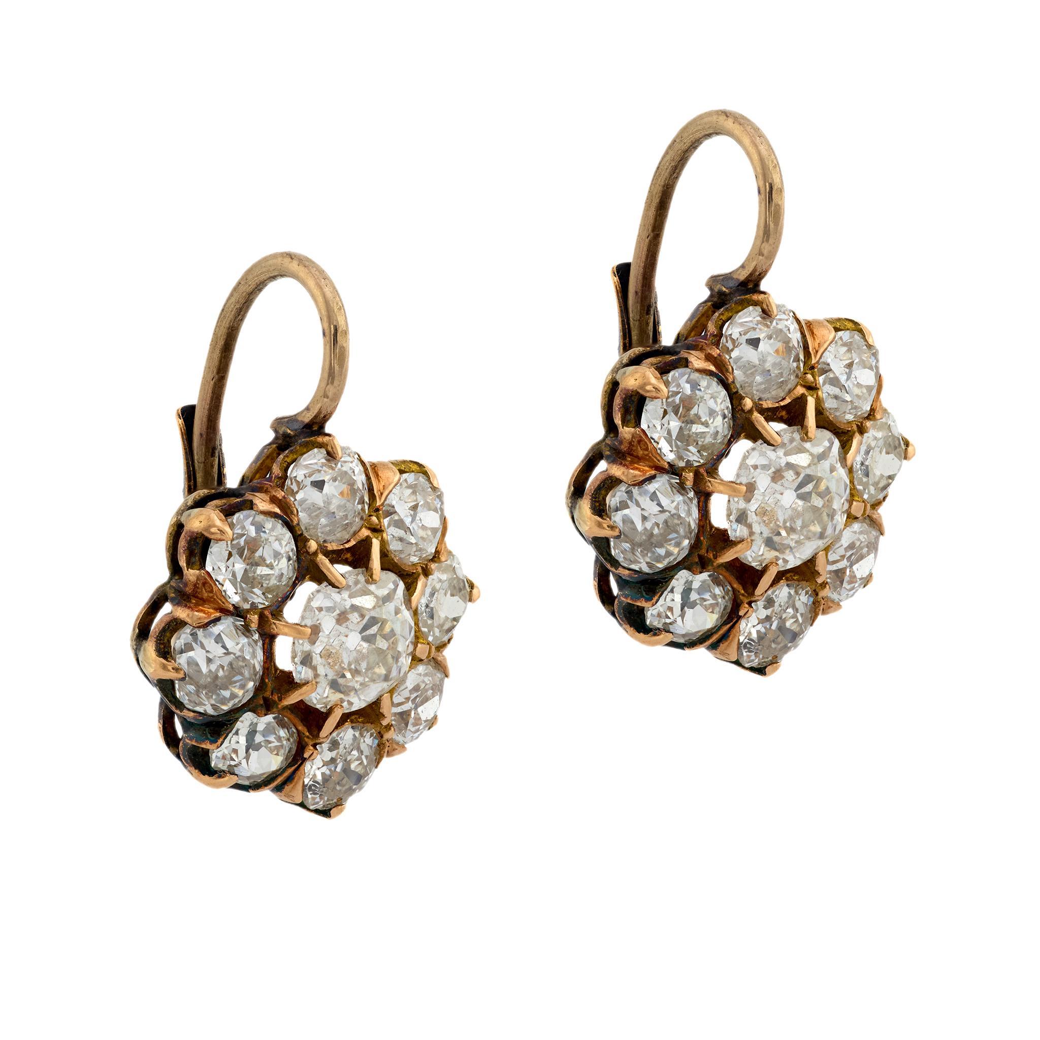 Old Mine Cut Victorian 3.63 carat diamond 14k yellow gold cluster earrings For Sale