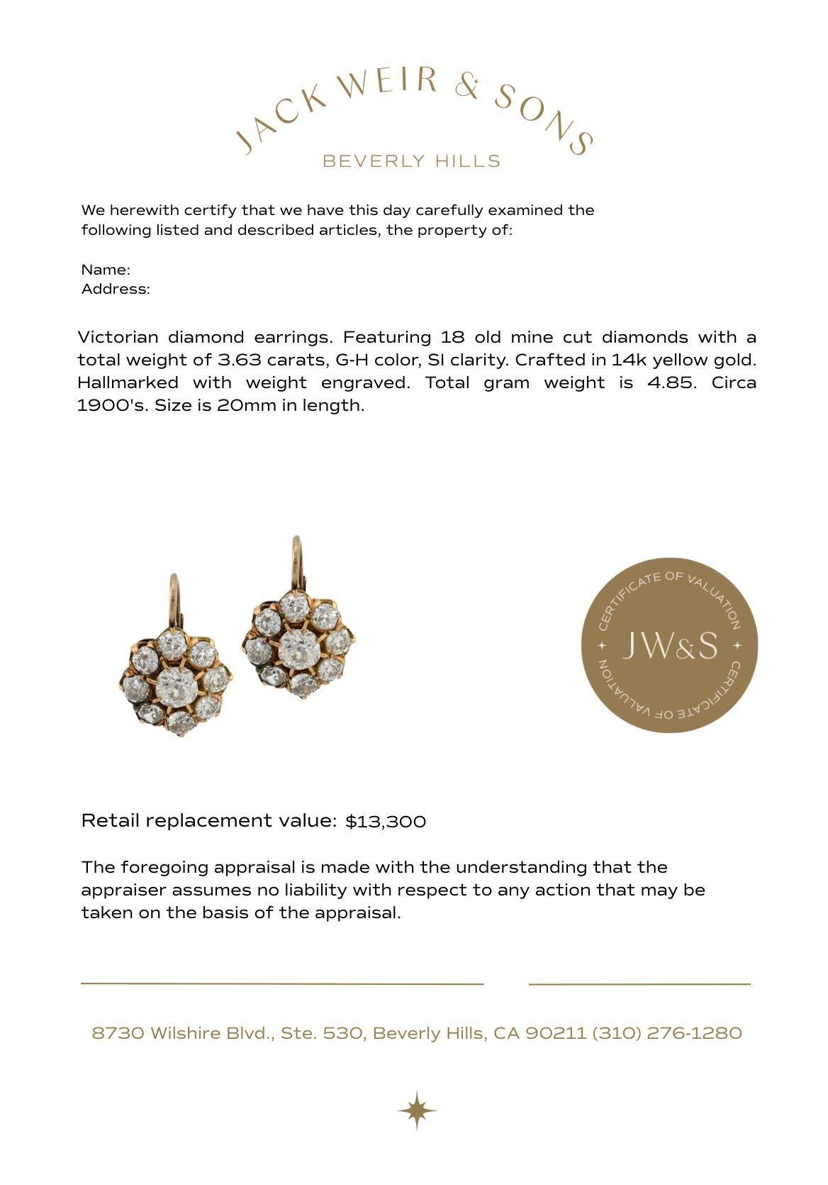 Women's Victorian 3.63 carat diamond 14k yellow gold cluster earrings For Sale