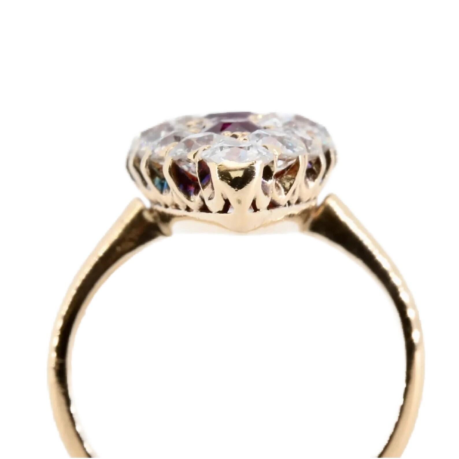 Women's Victorian 3.65 CTW Burmese Ruby & Old Mine Cut Diamond Navette Ring in 18K Gold For Sale