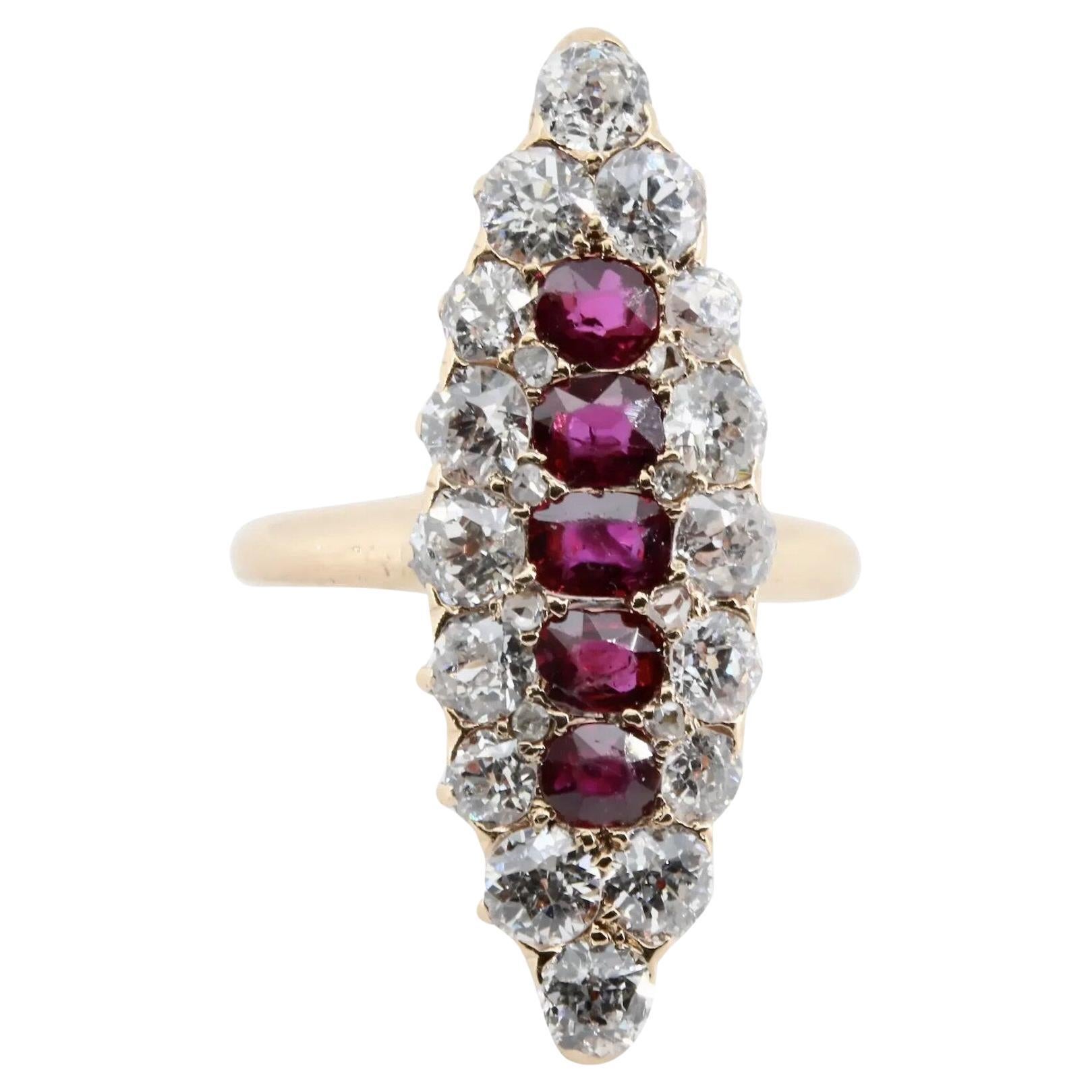 Victorian 3.65 CTW Burmese Ruby & Old Mine Cut Diamond Navette Ring in 18K Gold