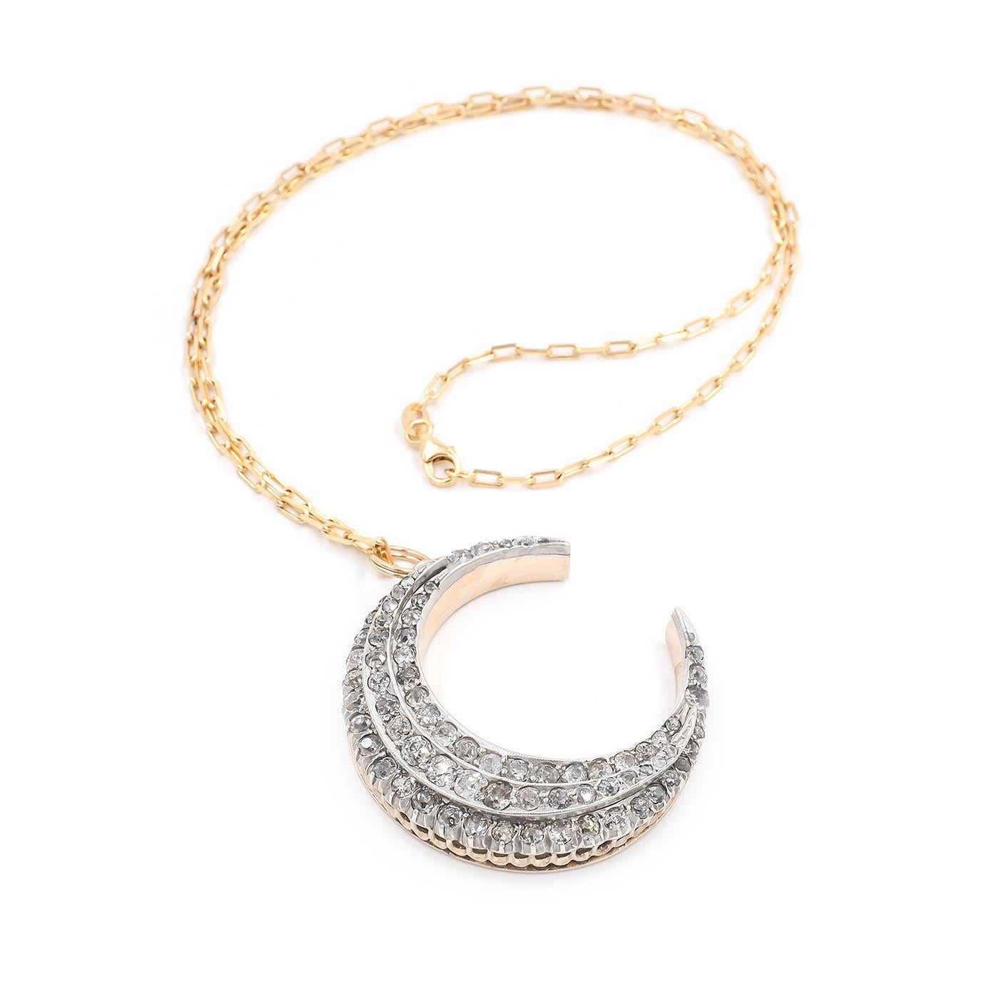 Victorian era 3.70 Ctw. Old Cut Diamond Crescent Moon Pendant Necklace composed of 14k Yellow Gold and silver. Set with 74 Old Cut diamonds, a combination of Old Mine Cut and Rose Cut diamonds weighing 3.70 carats in total. Converted to a pendant
