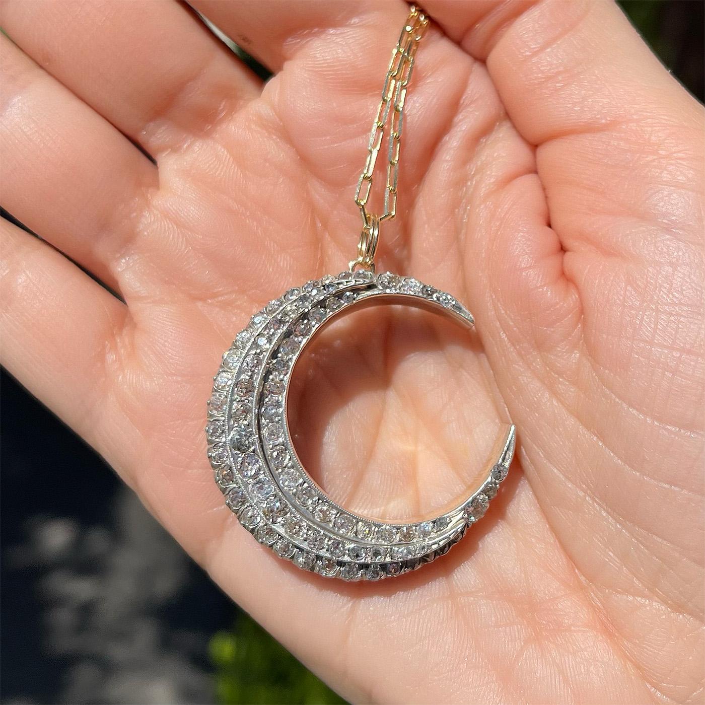 Victorian 3.70 Carat Total Weight Old Cut Diamond Crescent Moon Pendant Necklace In Excellent Condition For Sale In Los Angeles, CA