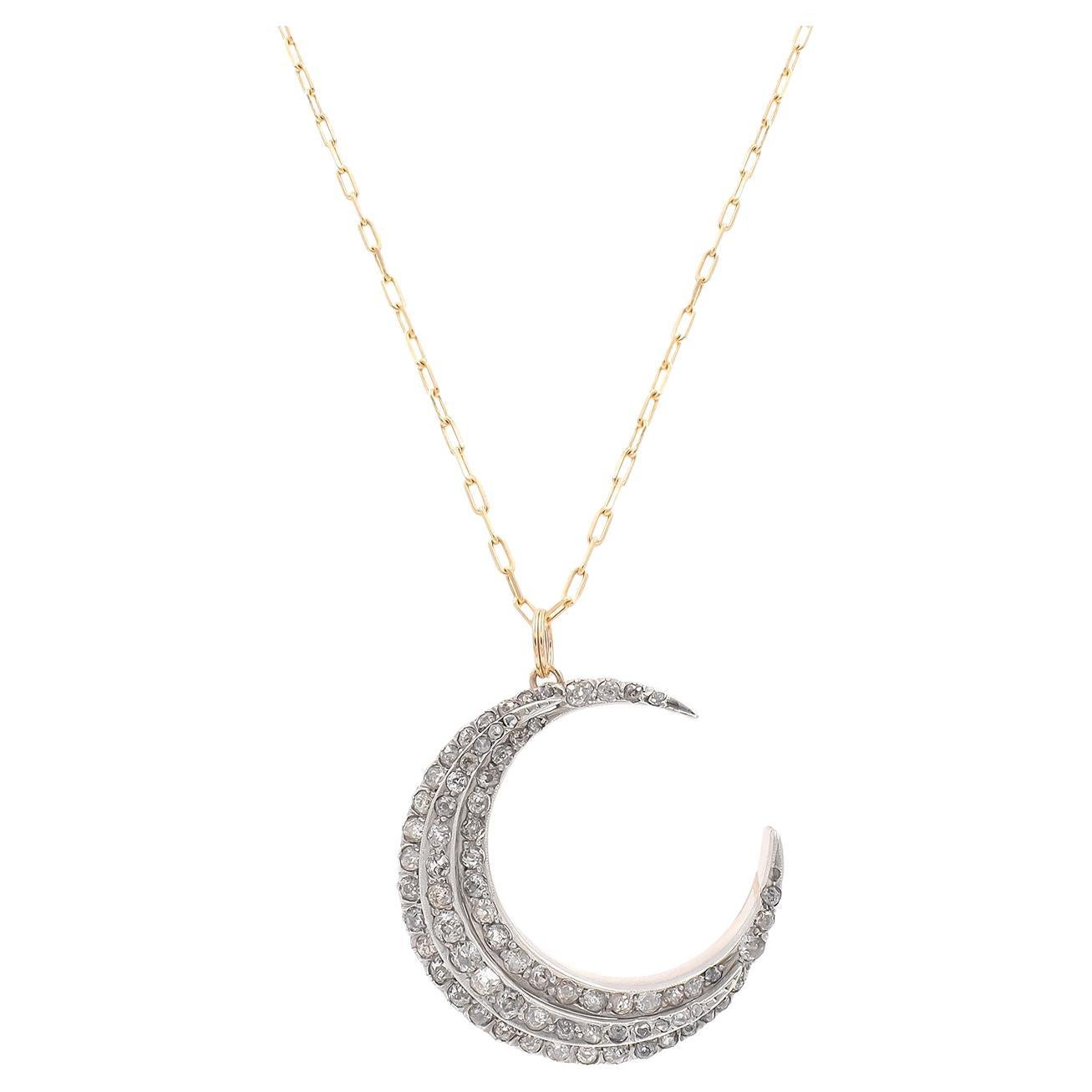 Victorian 3.70 Carat Total Weight Old Cut Diamond Crescent Moon Pendant Necklace For Sale