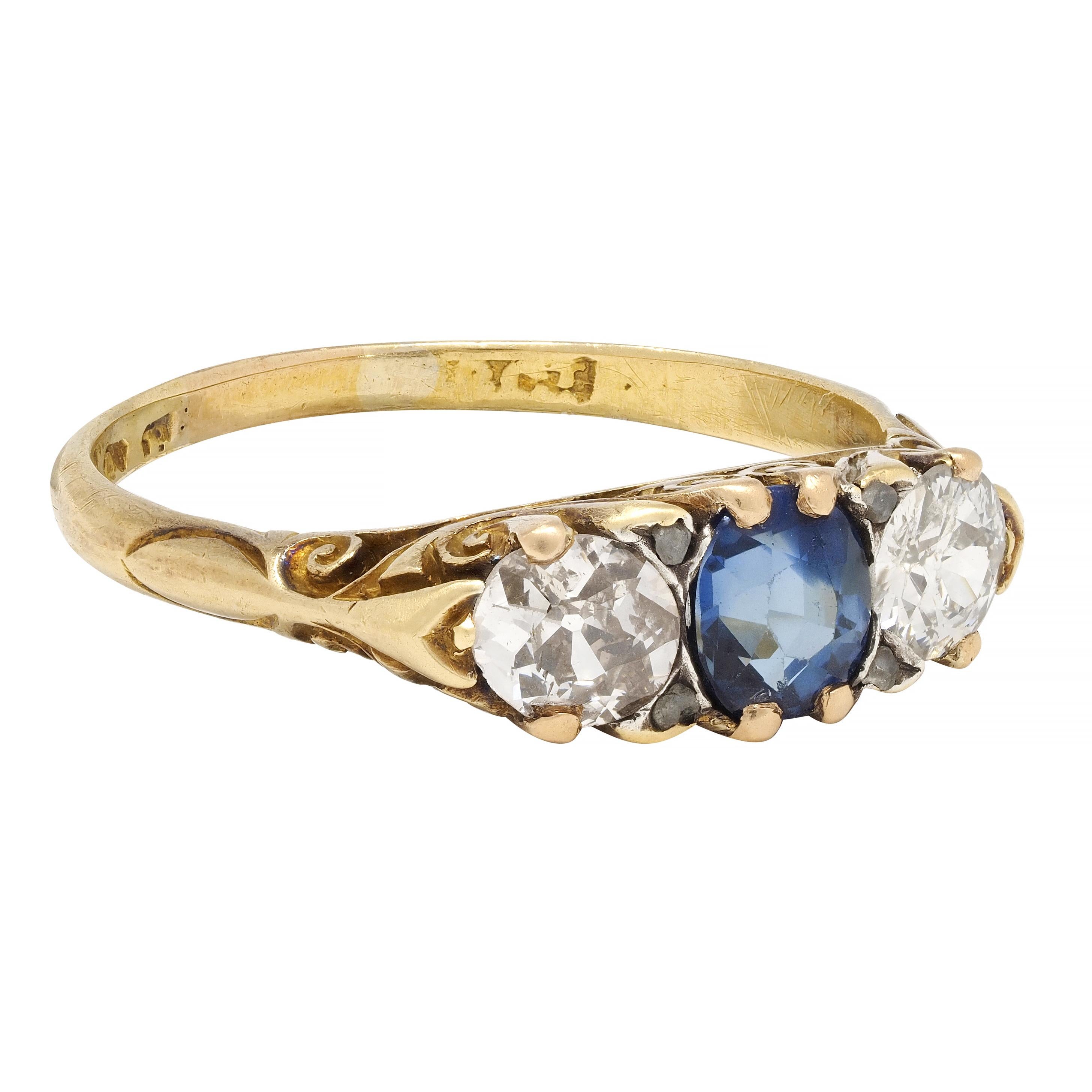Cushion Cut Victorian 3.70 CTW Sapphire Diamond 18 Karat Gold Antique Three Stone Ring For Sale