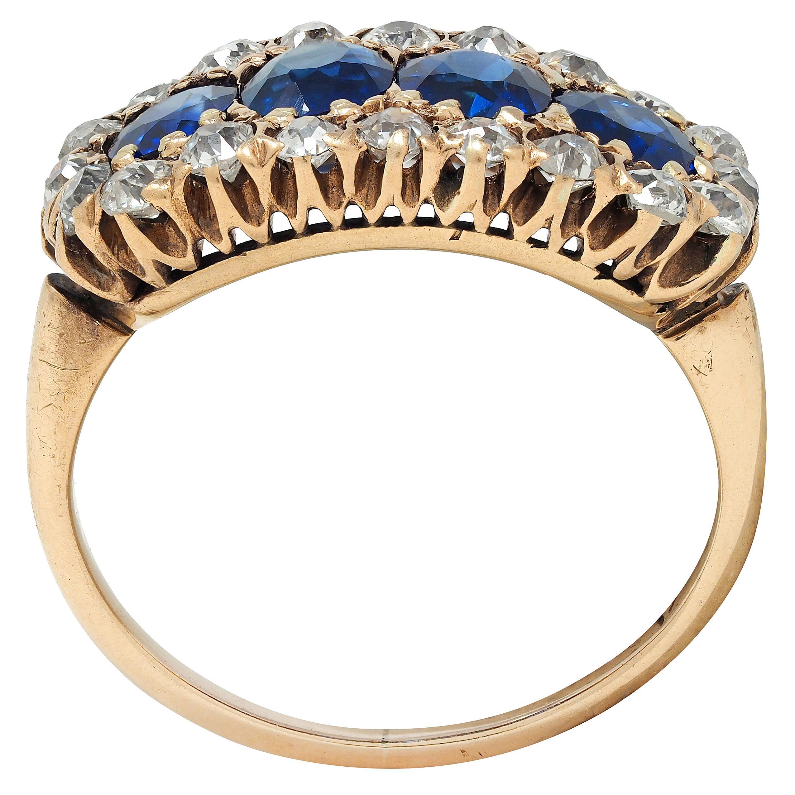 Viktorianischer 3.72 CTW Diamant Saphir 14K Gold Antiker Cluster Halo Band Ring im Angebot 1