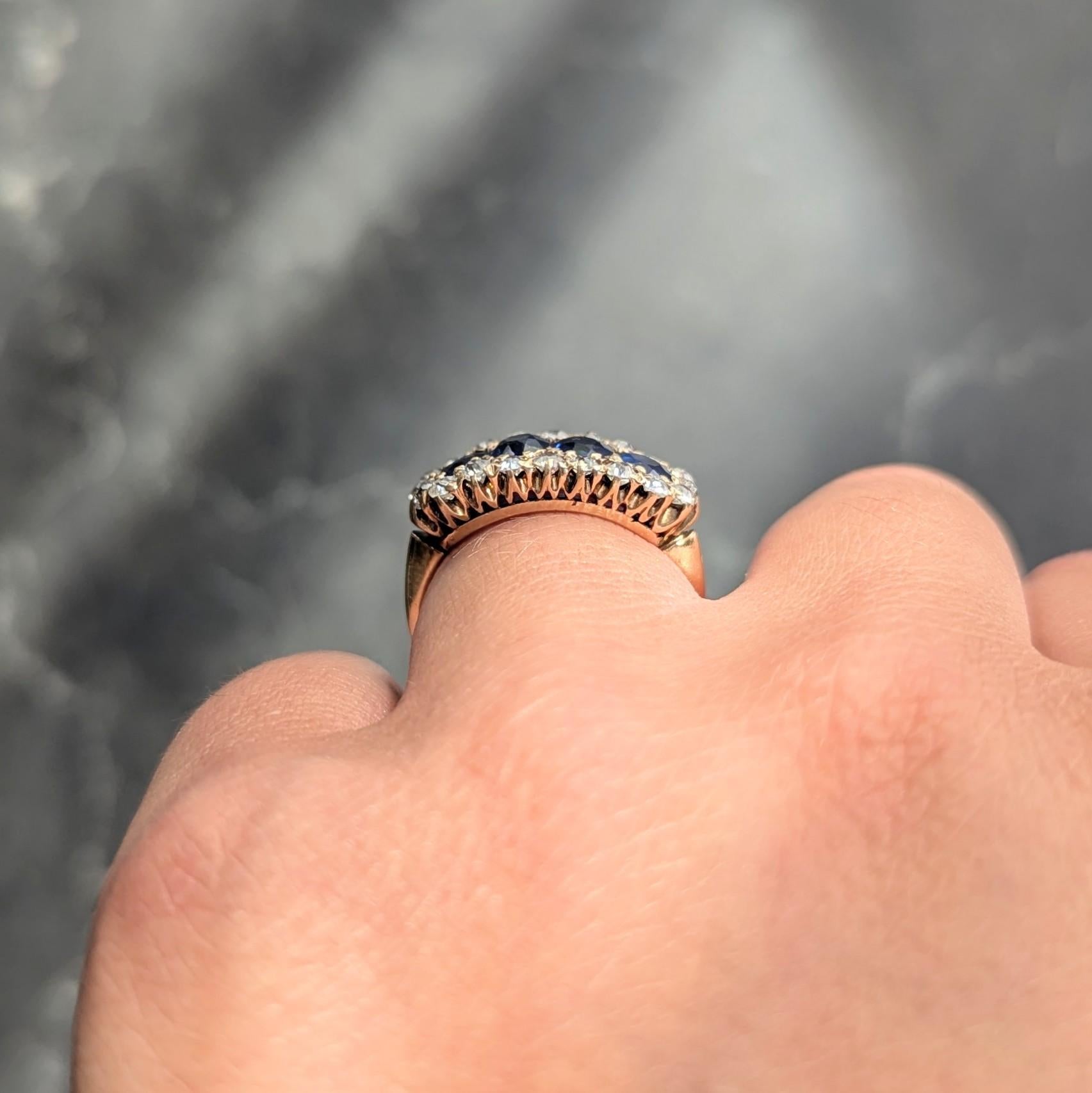 Viktorianischer 3.72 CTW Diamant Saphir 14K Gold Antiker Cluster Halo Band Ring im Angebot 4