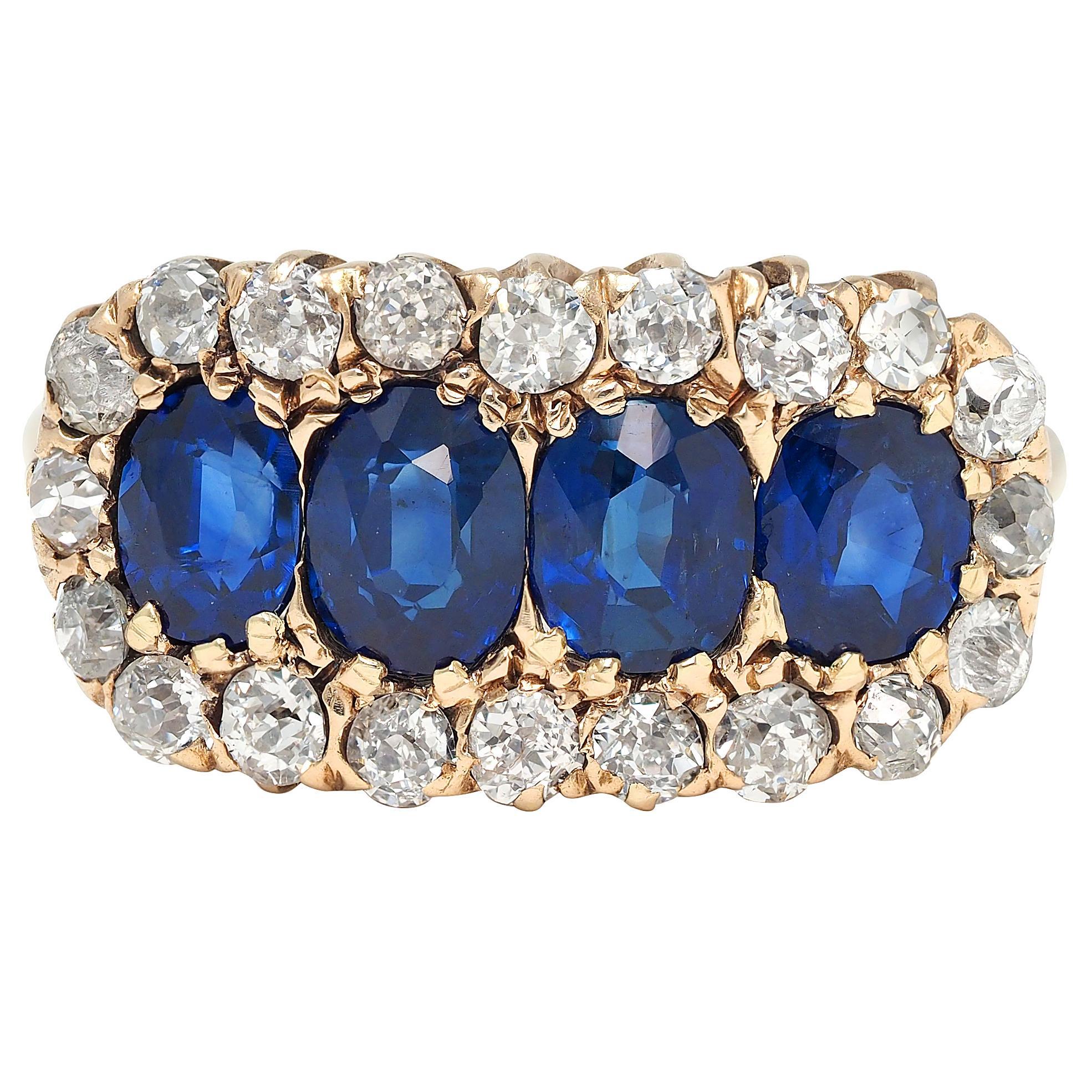 Bague victorienne 3.72 CTW Diamond Sapphire 14K Gold Antique Cluster Halo Band