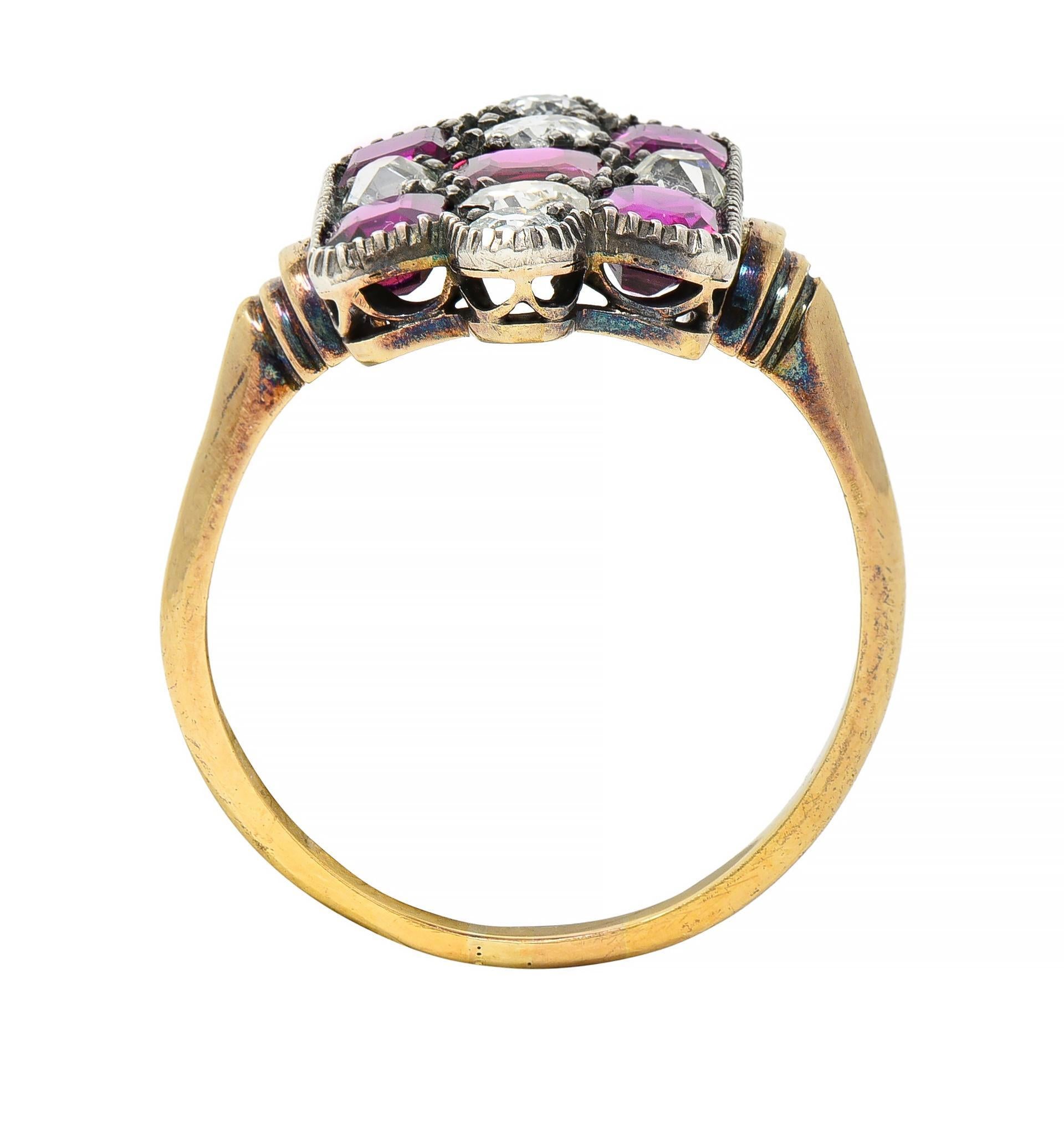 Victorian 3.74 CTW Diamond Ruby Silver 18 Karat Gold Checkerboard Navette Ring 5