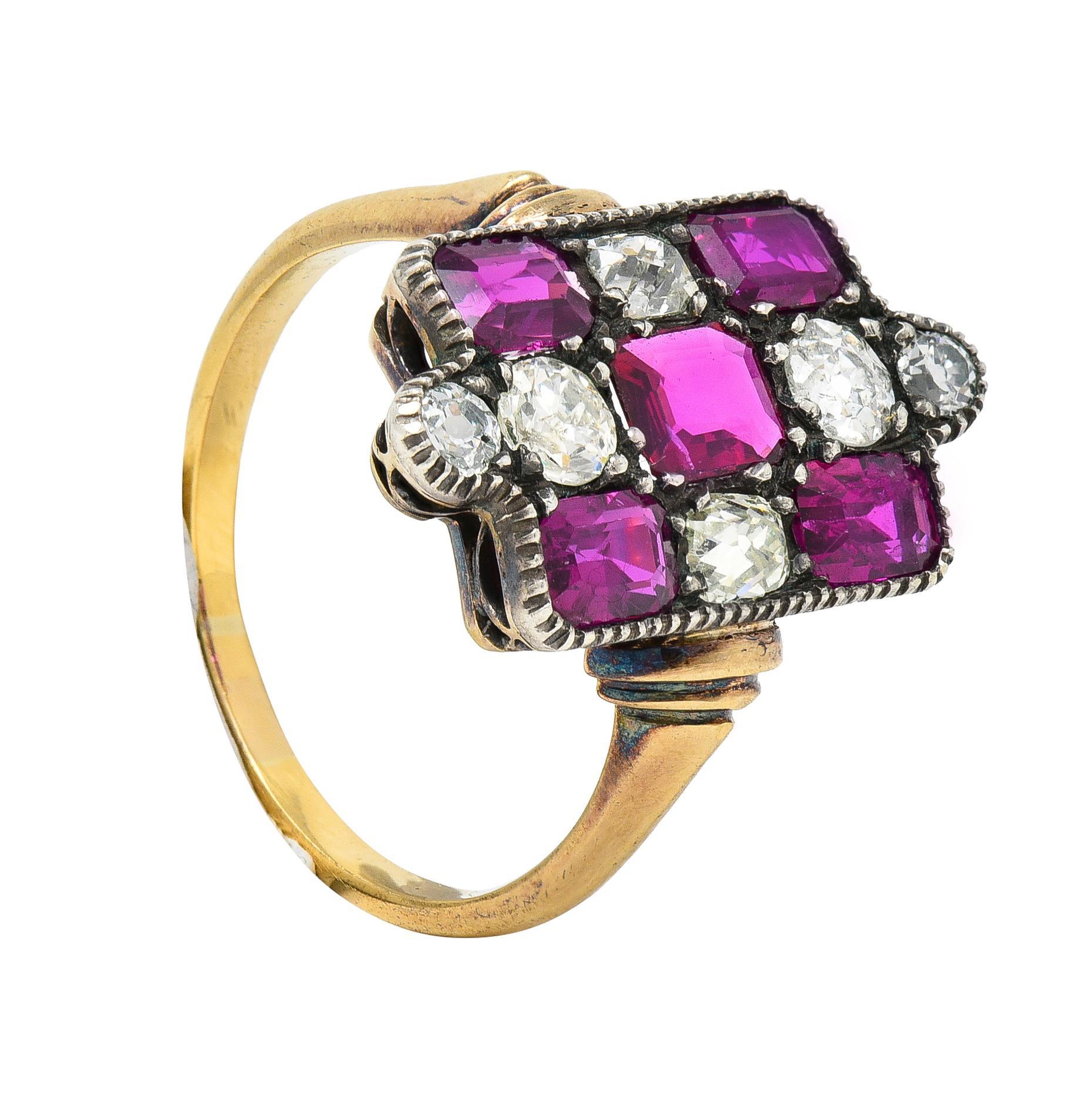 Victorian 3.74 CTW Diamond Ruby Silver 18 Karat Gold Checkerboard Navette Ring For Sale 6