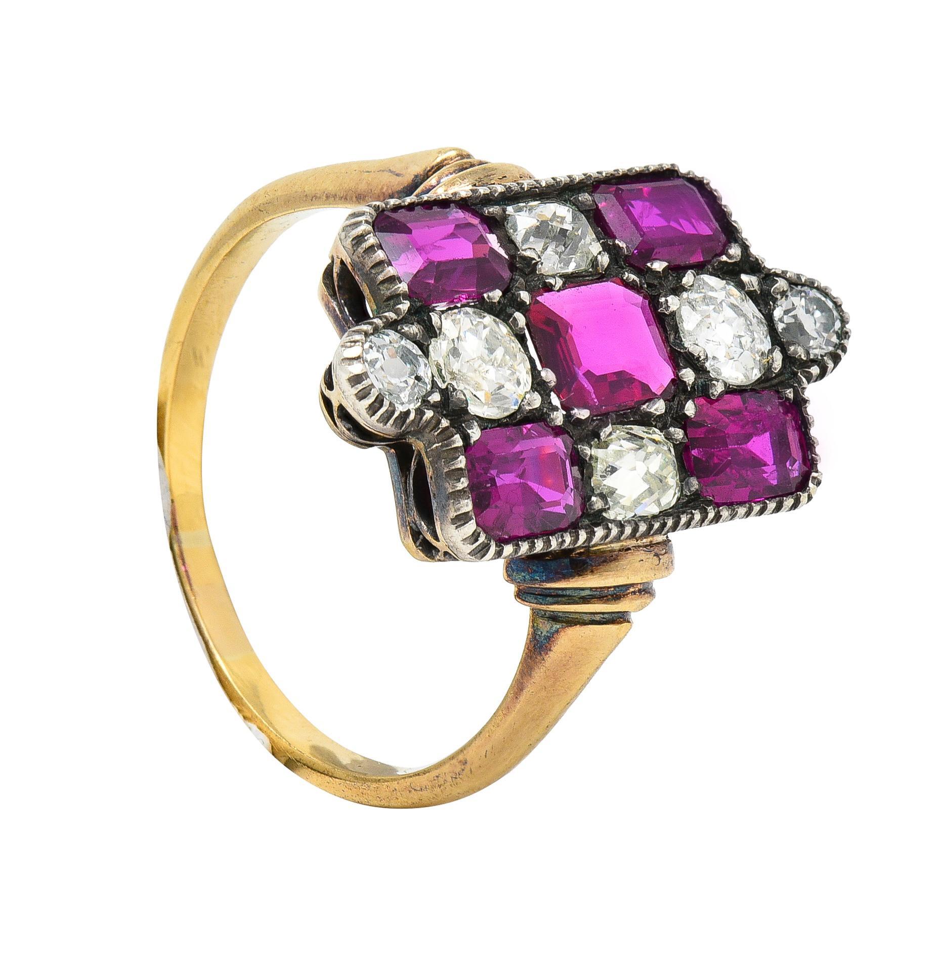 Victorian 3.74 CTW Diamond Ruby Silver 18 Karat Gold Checkerboard Navette Ring 6