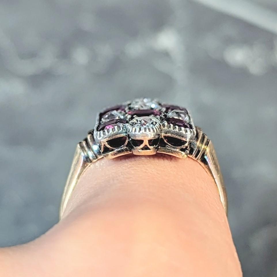 Victorian 3.74 CTW Diamond Ruby Silver 18 Karat Gold Checkerboard Navette Ring 8