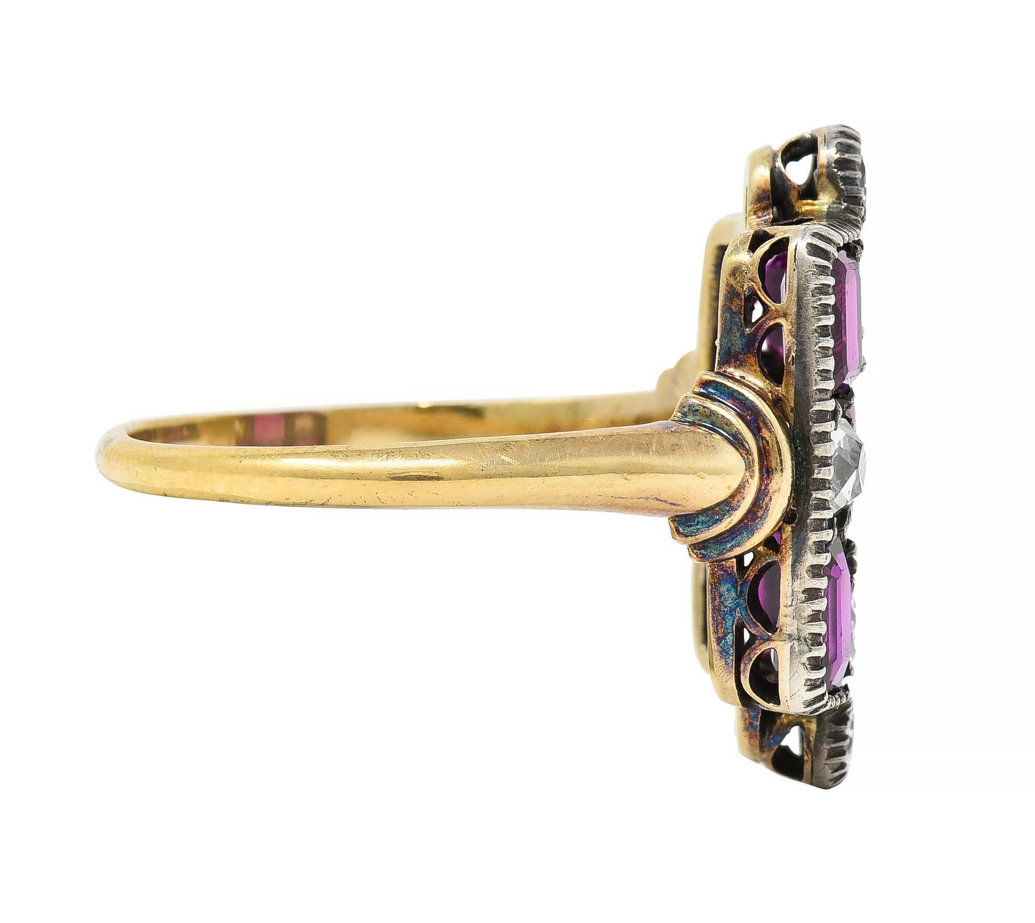 Emerald Cut Victorian 3.74 CTW Diamond Ruby Silver 18 Karat Gold Checkerboard Navette Ring
