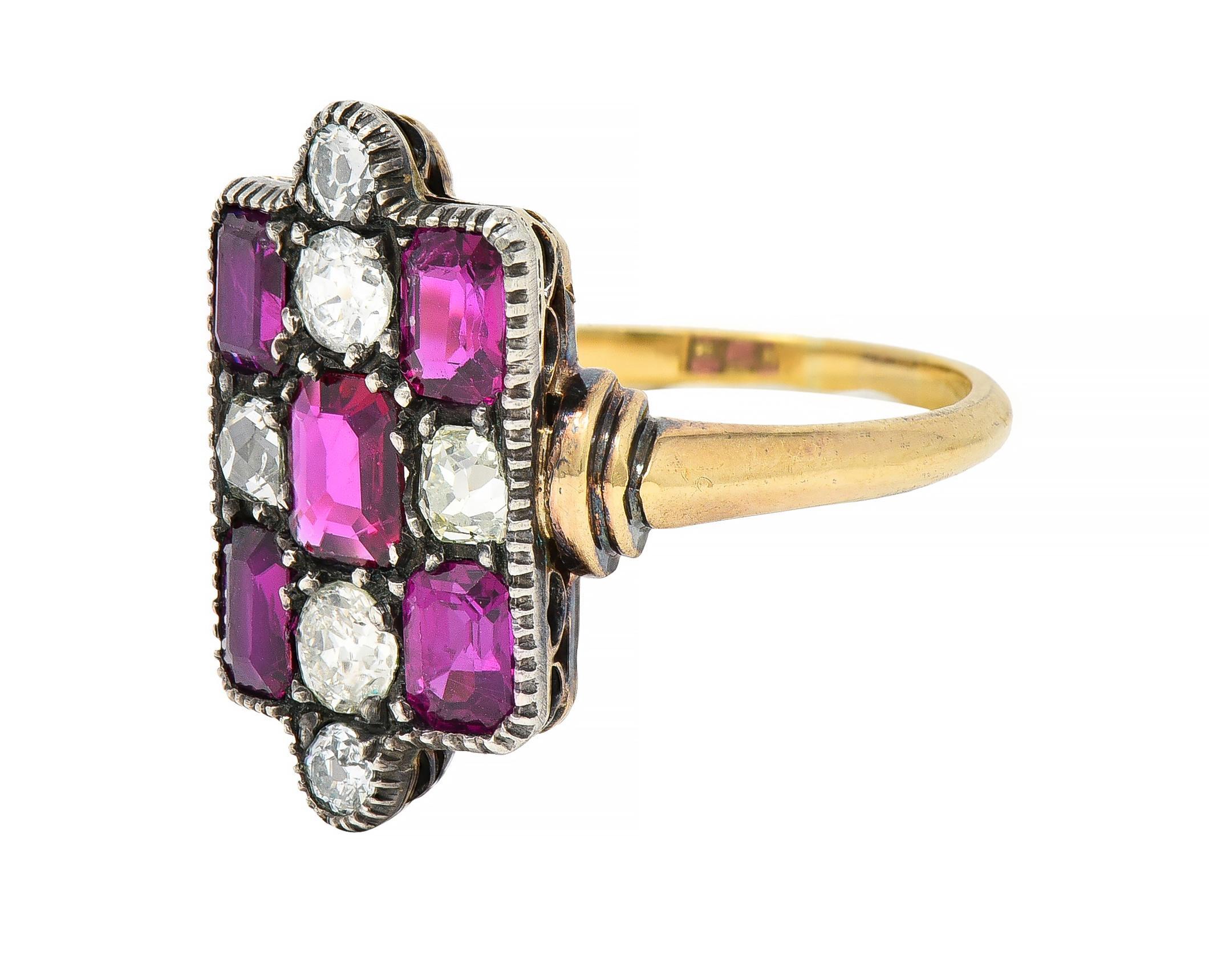 Victorian 3.74 CTW Diamond Ruby Silver 18 Karat Gold Checkerboard Navette Ring For Sale 1