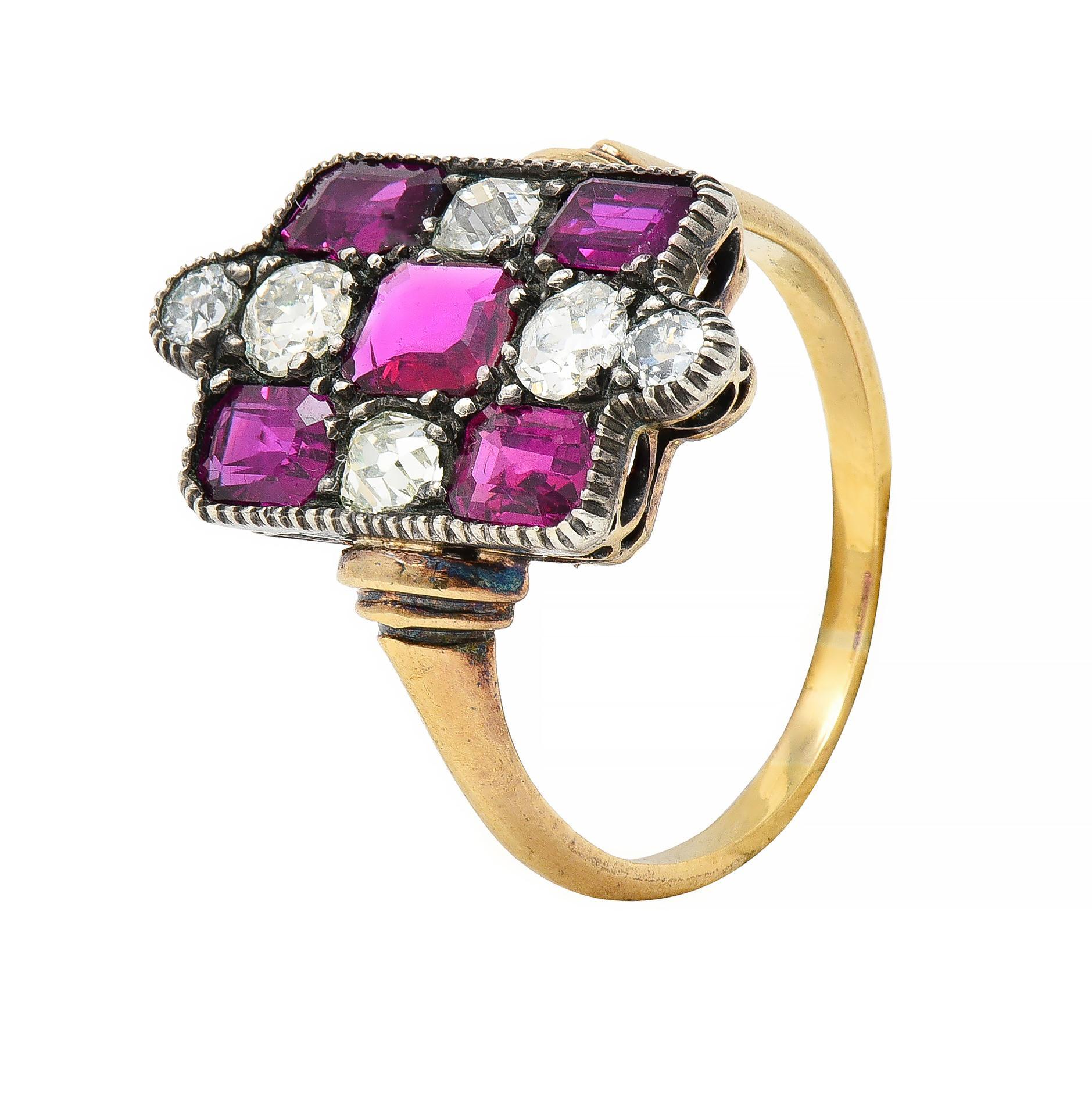 Victorian 3.74 CTW Diamond Ruby Silver 18 Karat Gold Checkerboard Navette Ring For Sale 2