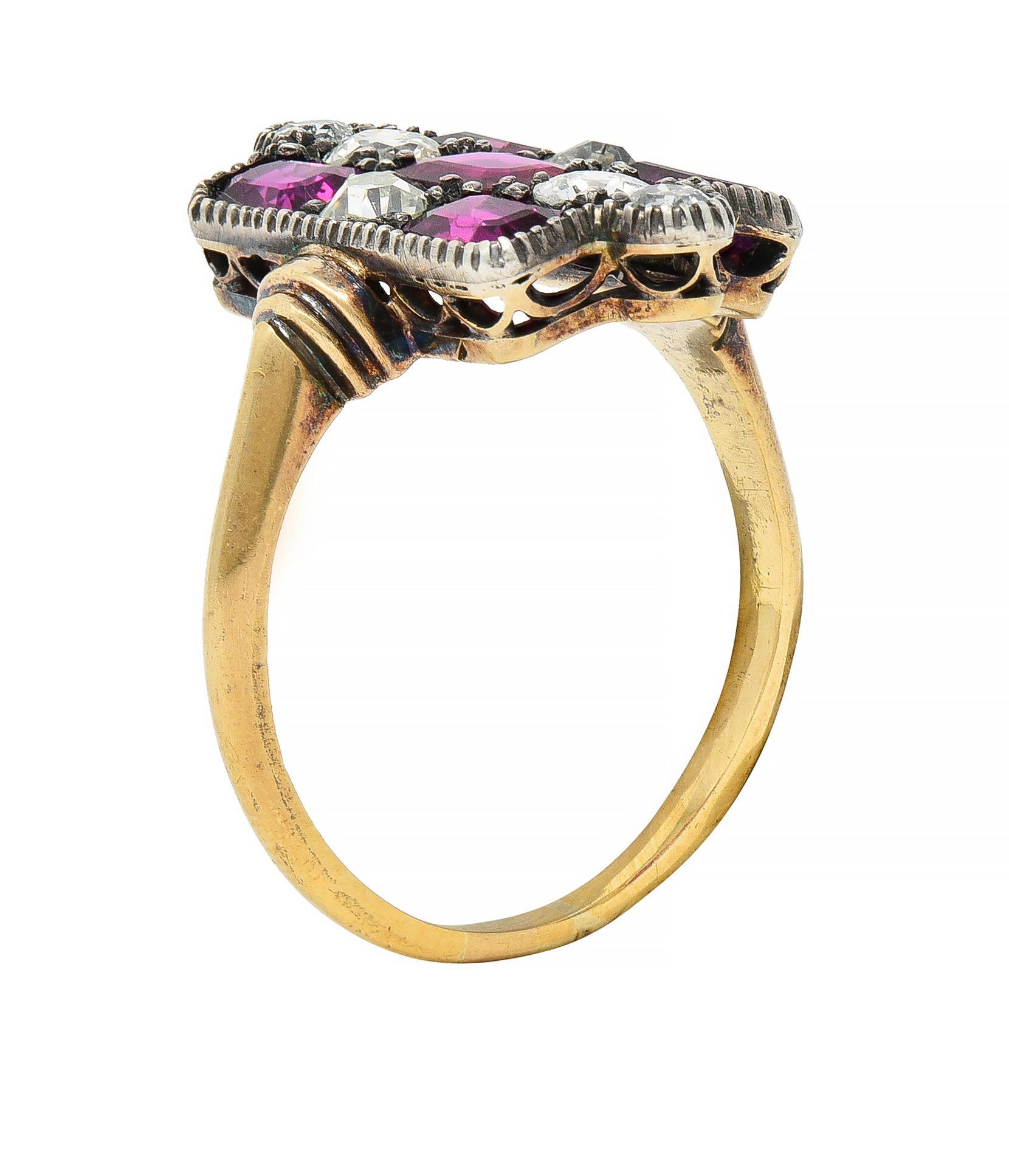 Victorian 3.74 CTW Diamond Ruby Silver 18 Karat Gold Checkerboard Navette Ring 4