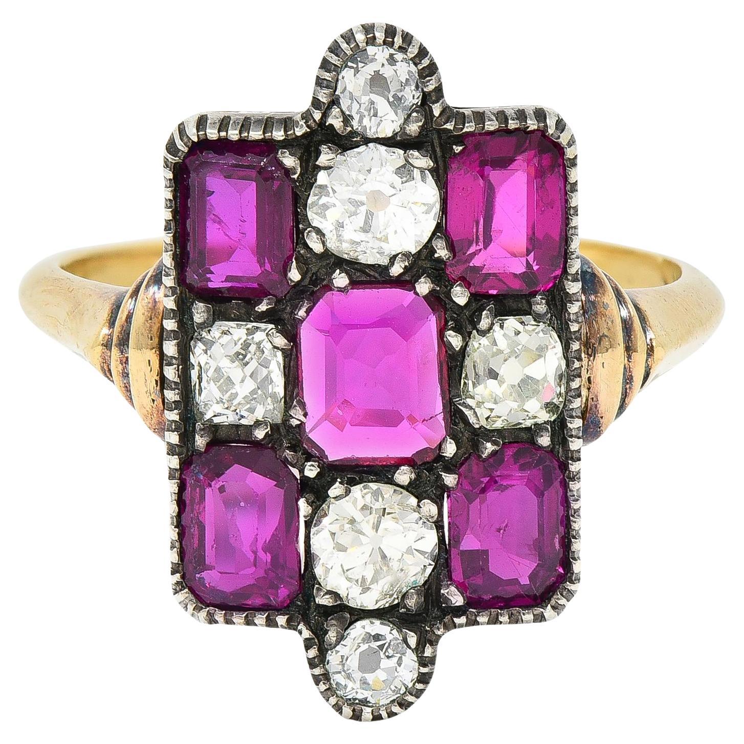Victorian 3.74 CTW Diamond Ruby Silver 18 Karat Gold Checkerboard Navette Ring For Sale