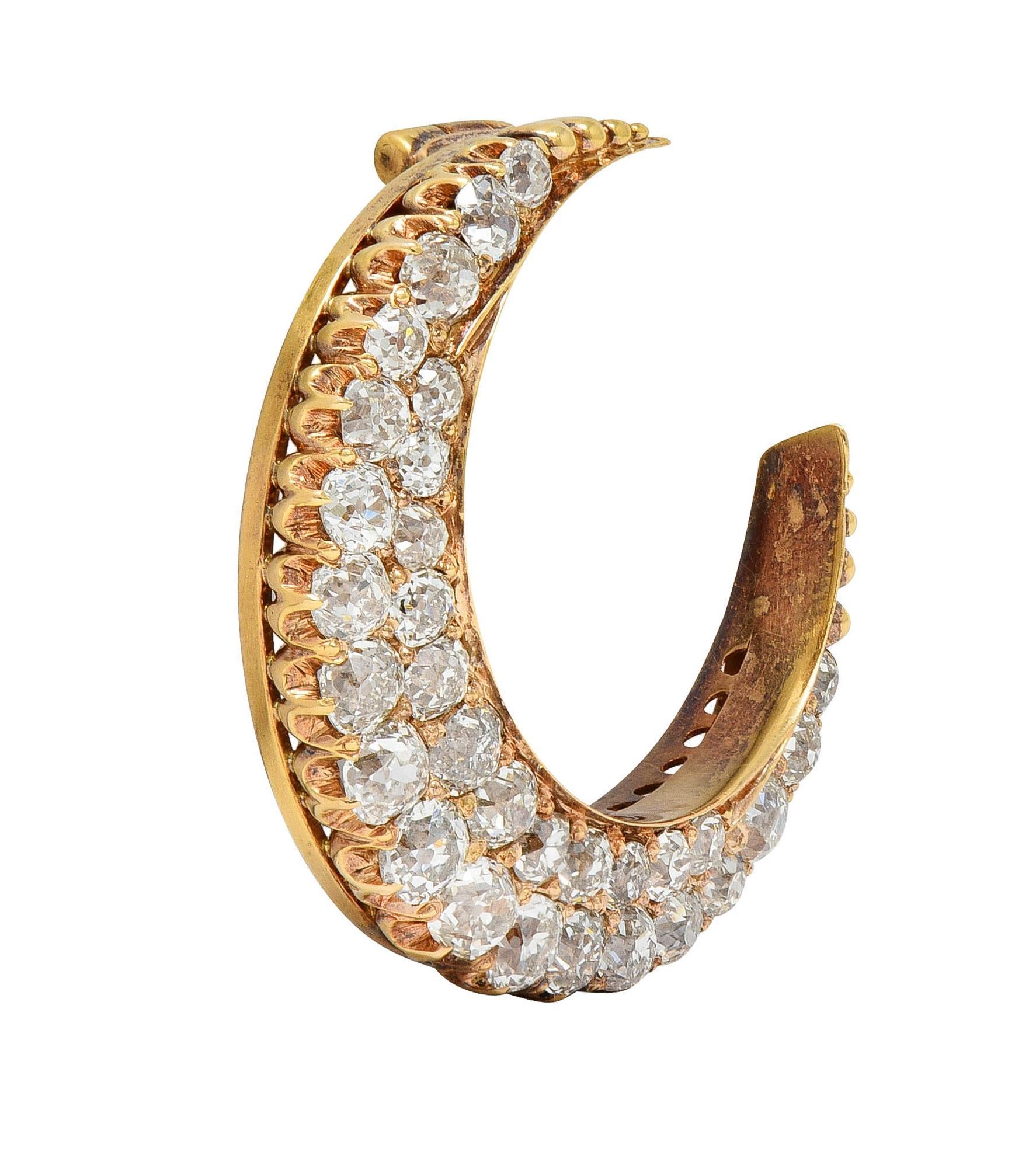 Victorian 3.75 CTW Diamond 18 Karat Yellow Gold Antique Crescent Moon Brooch In Excellent Condition For Sale In Philadelphia, PA