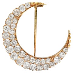 Antike viktorianische Halbmondbrosche, 3,75 Karat Diamant 18 Karat Gelbgold