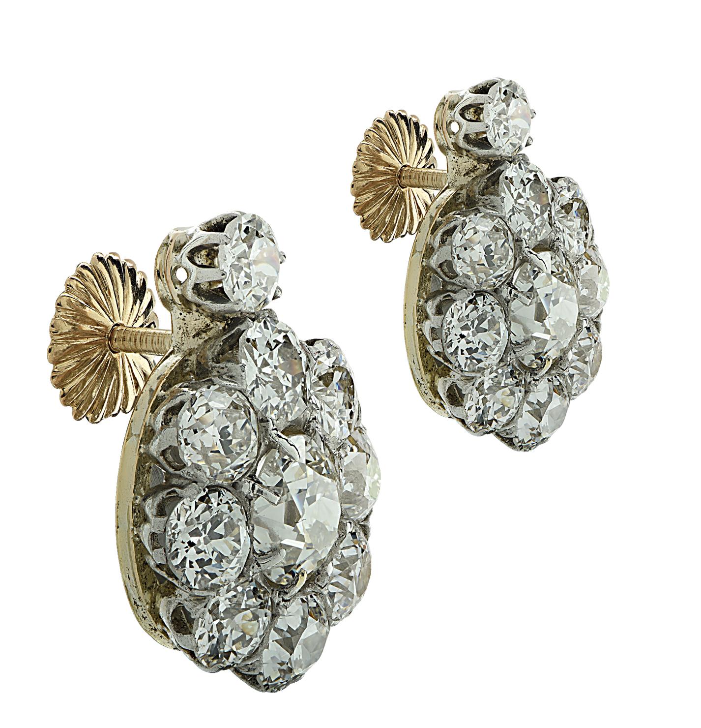 Women's Victorian 3.8 Carat Old Mine Cut Diamond Flower Earrings