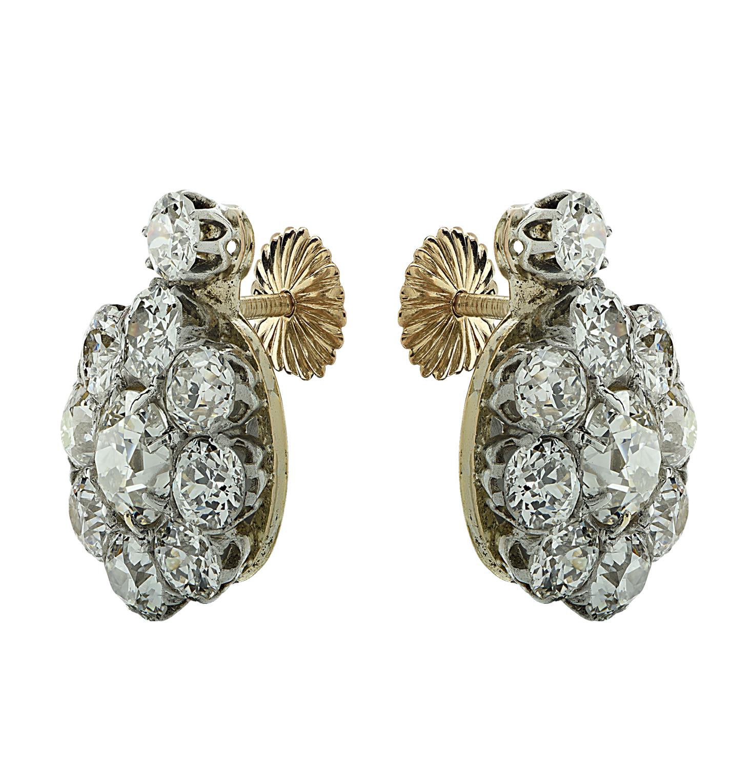 Victorian 3.8 Carat Old Mine Cut Diamond Flower Earrings 1