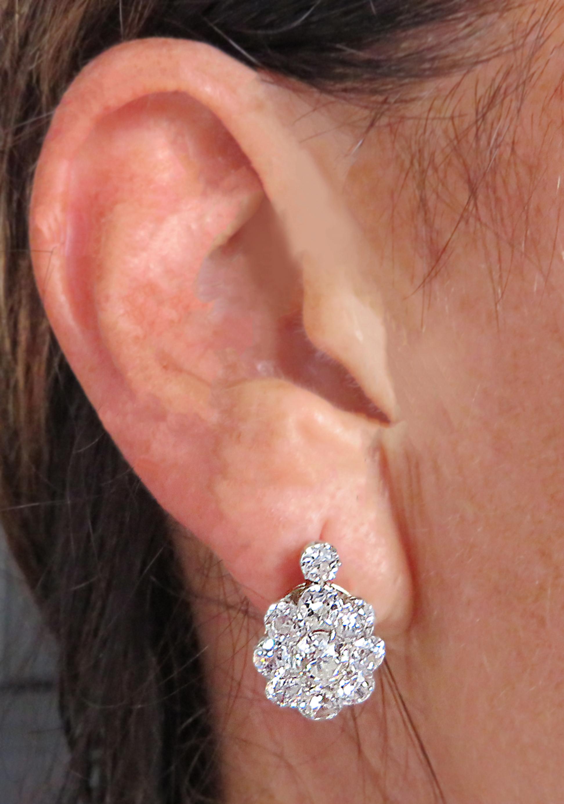 Victorian 3.8 Carat Old Mine Cut Diamond Flower Earrings 2