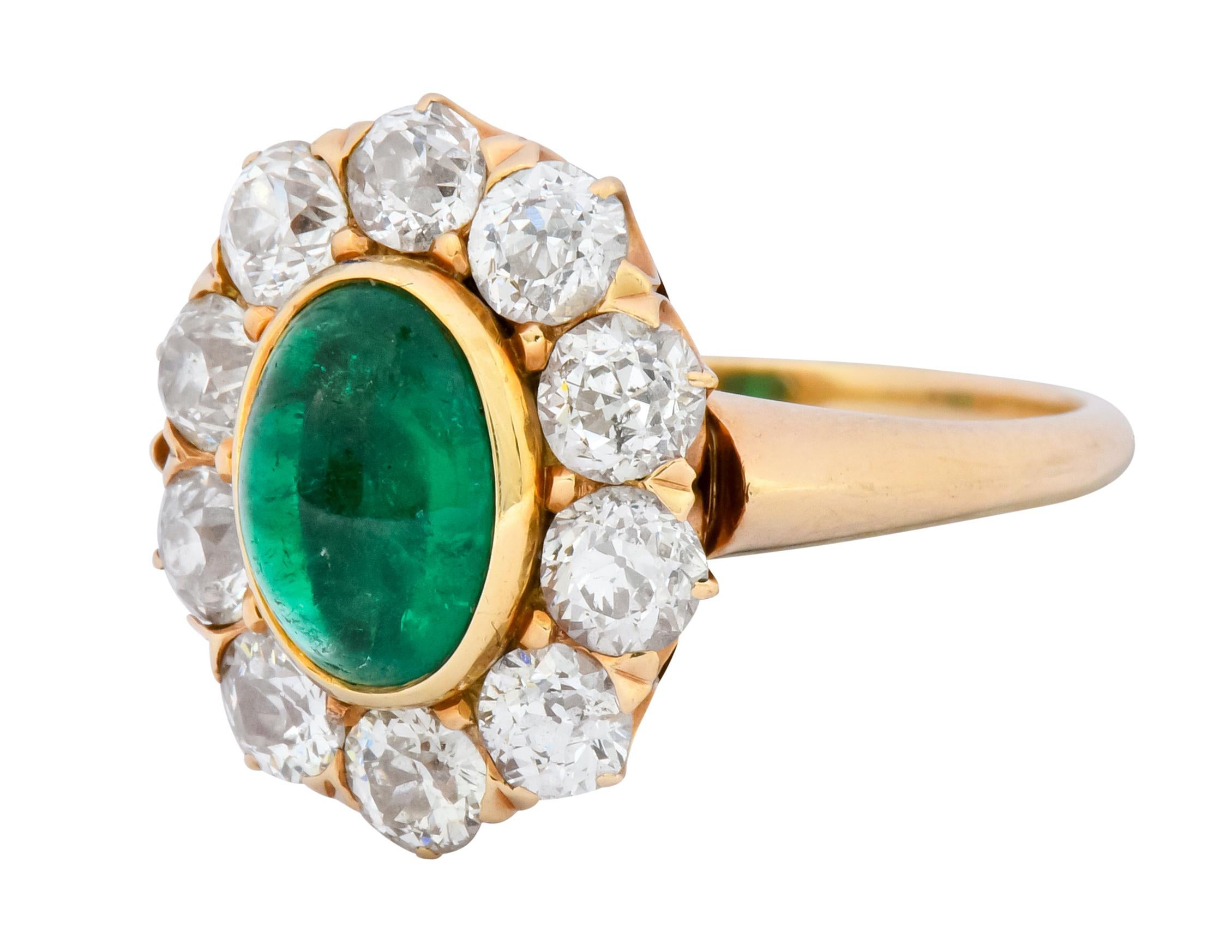 Victorian 3.80 Carat Colombian Emerald Diamond 14 Karat Gold Cluster Ring AGL In Excellent Condition In Philadelphia, PA