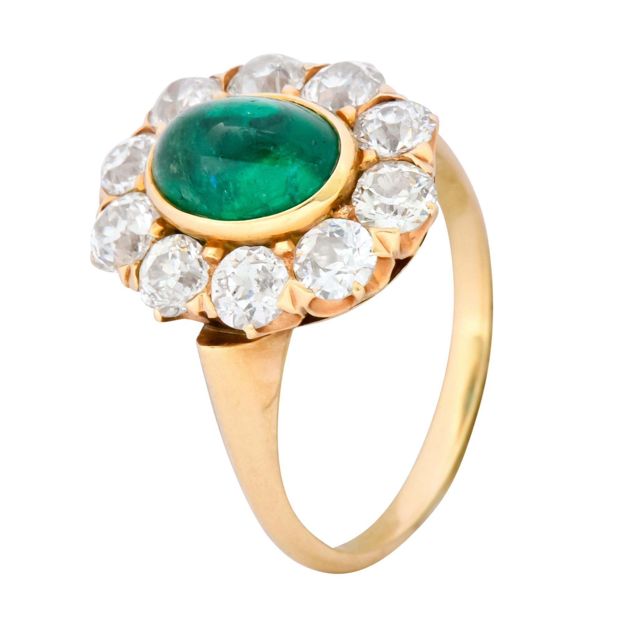 Victorian 3.80 Carat Colombian Emerald Diamond 14 Karat Gold Cluster Ring AGL 1