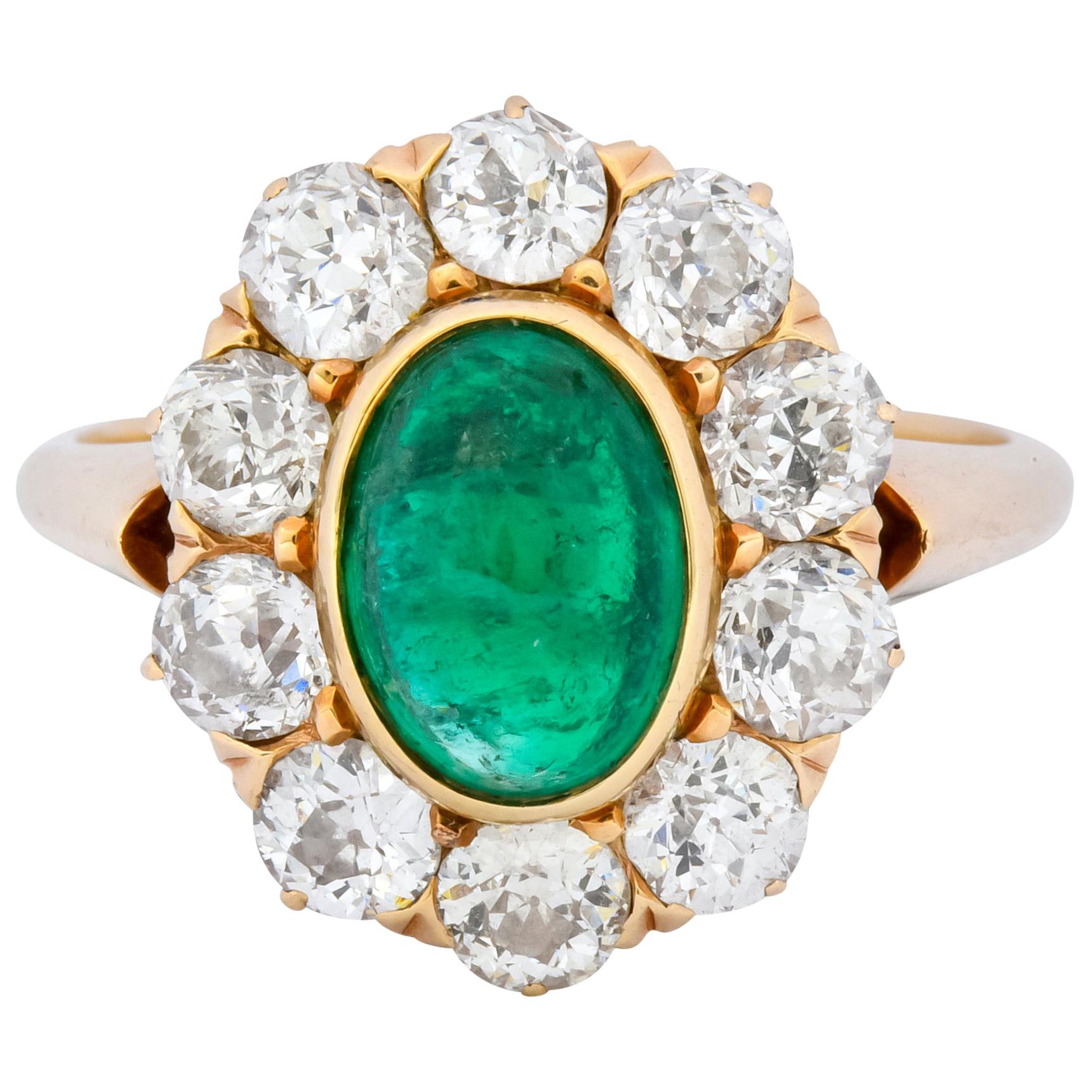 Victorian 3.80 Carat Colombian Emerald Diamond 14 Karat Gold Cluster Ring AGL