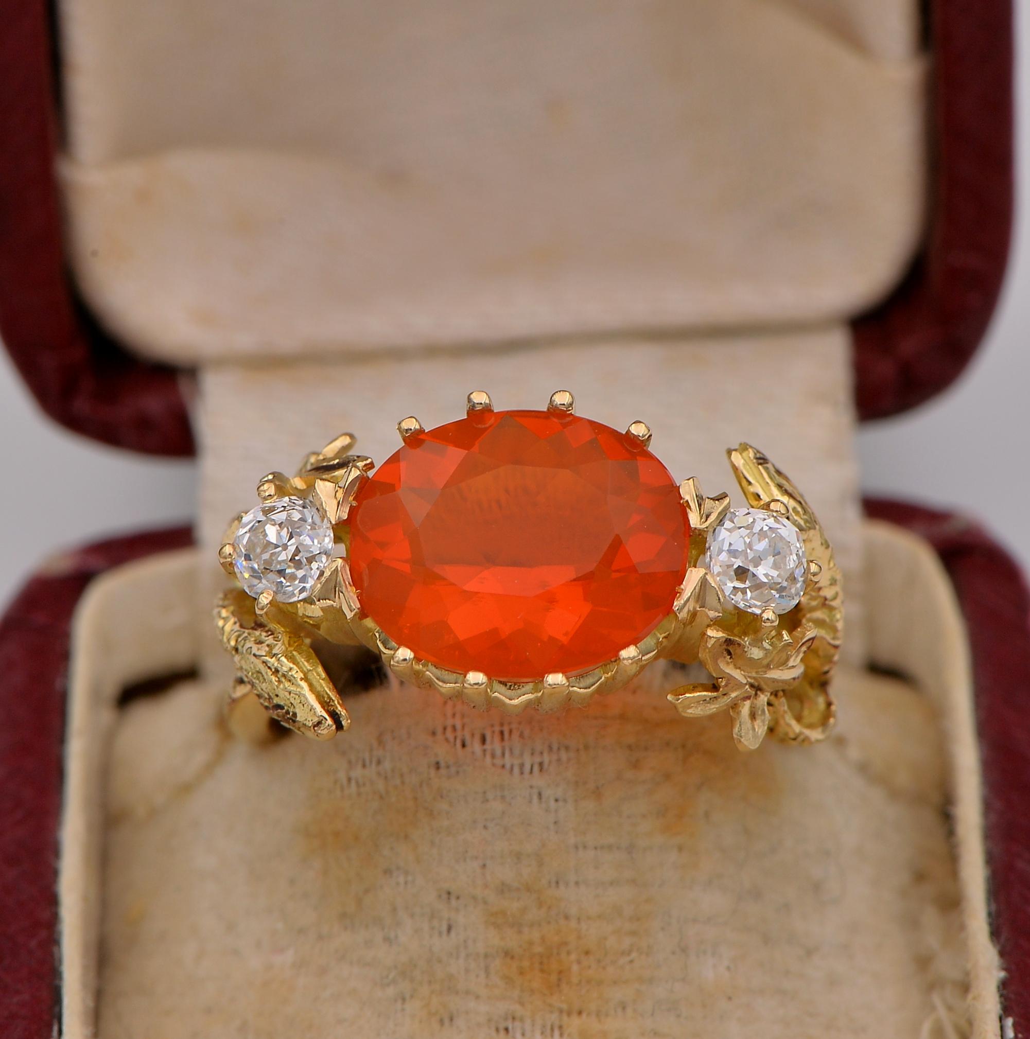 Rare & beautiful
Unusual and rare, antique late Victorian period, Fire Opal and Diamond Trilogy ring, 1900 or later
Hand crafted of solid 18 Kt gold as unique, fascinating design composed by side coiled snakes with carved skin, interspaced by leaf