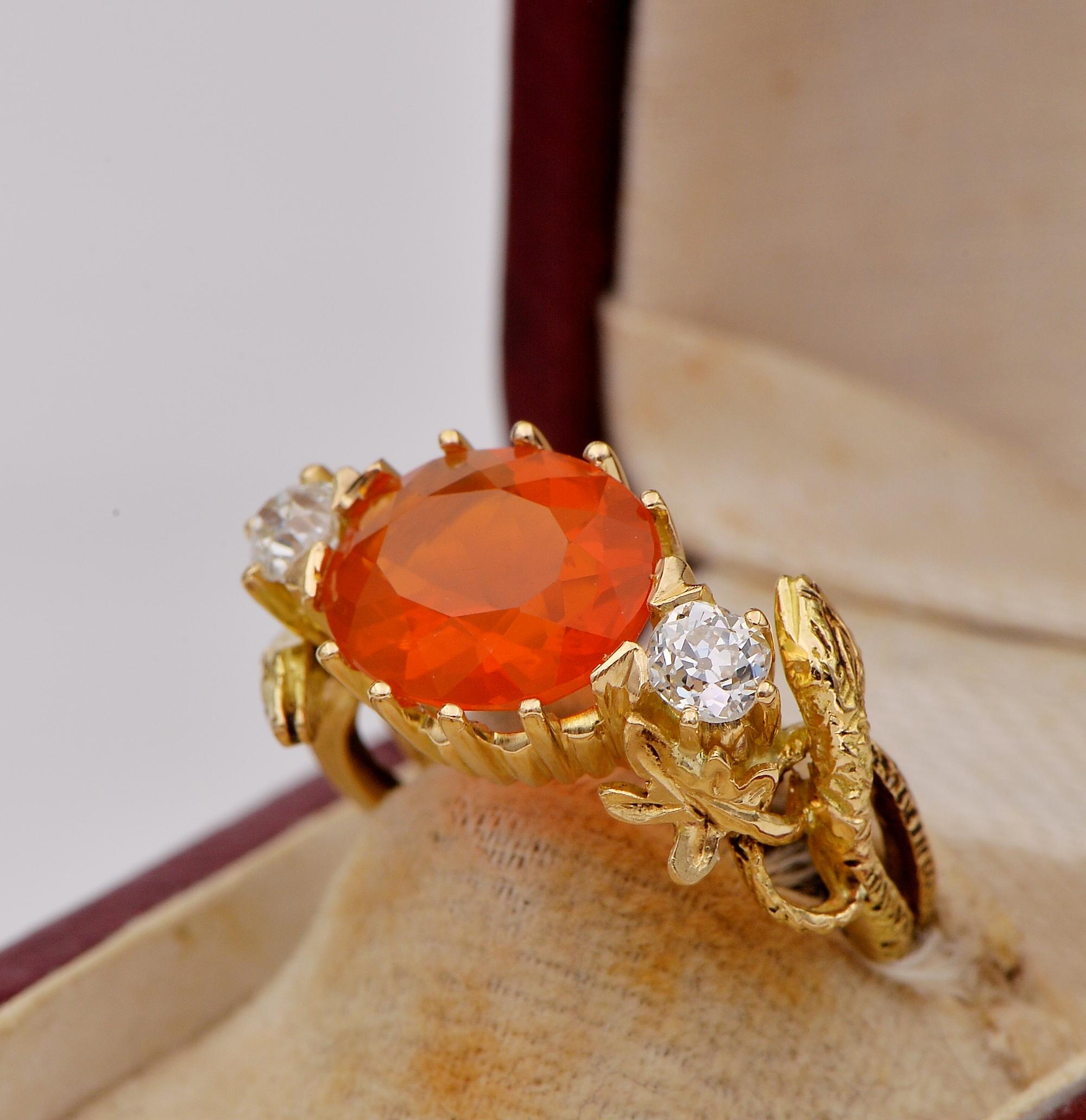 Old Mine Cut Victorian 3.80 Ct Natural Fire Opal .60 Ct Old Mine Diamond Rare Snake ring For Sale