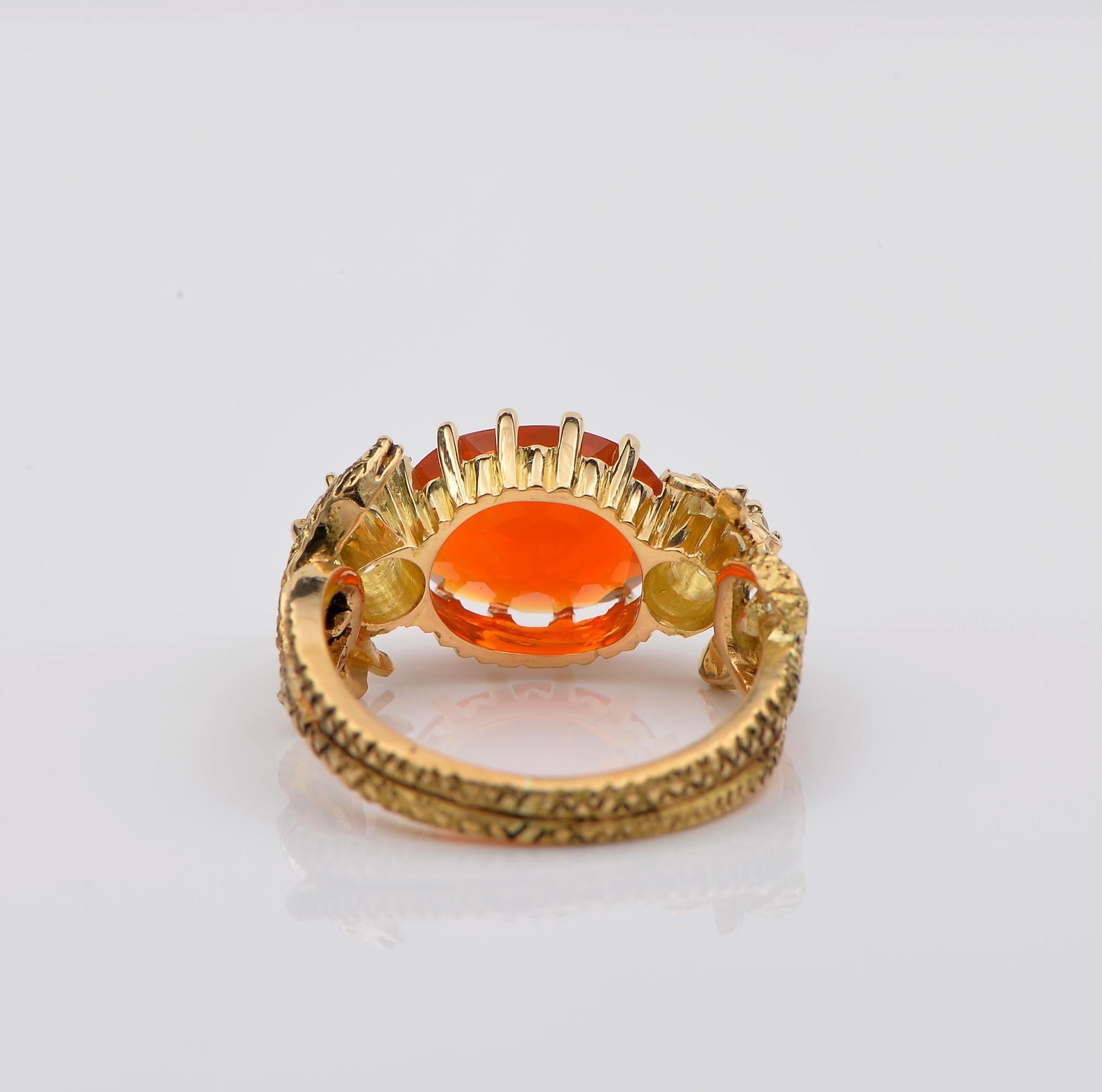 Women's or Men's Victorian 3.80 Ct Natural Fire Opal .60 Ct Old Mine Diamond Rare Snake ring For Sale