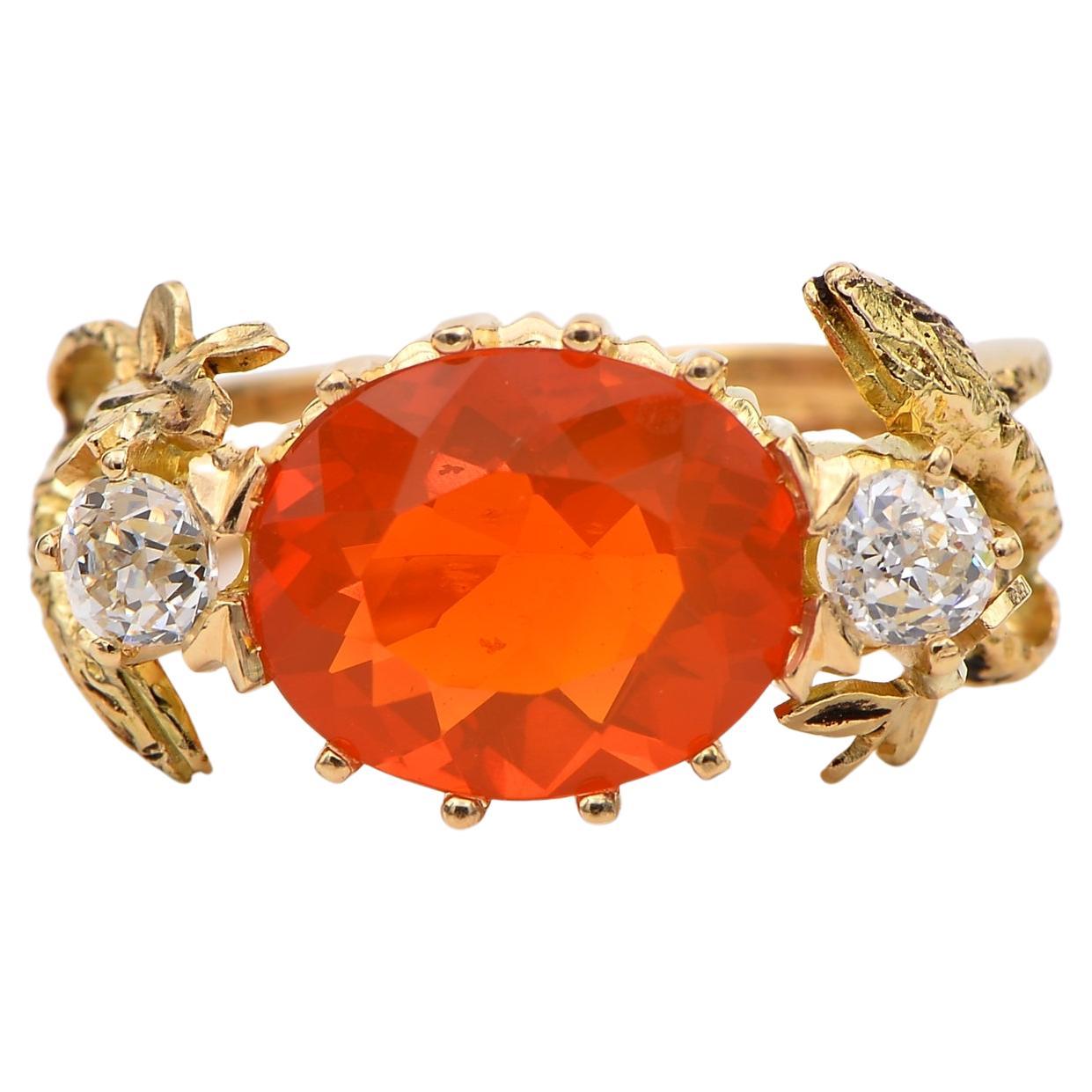 Victorian 3.80 Ct Natural Fire Opal .60 Ct Old Mine Diamond Rare Snake ring For Sale