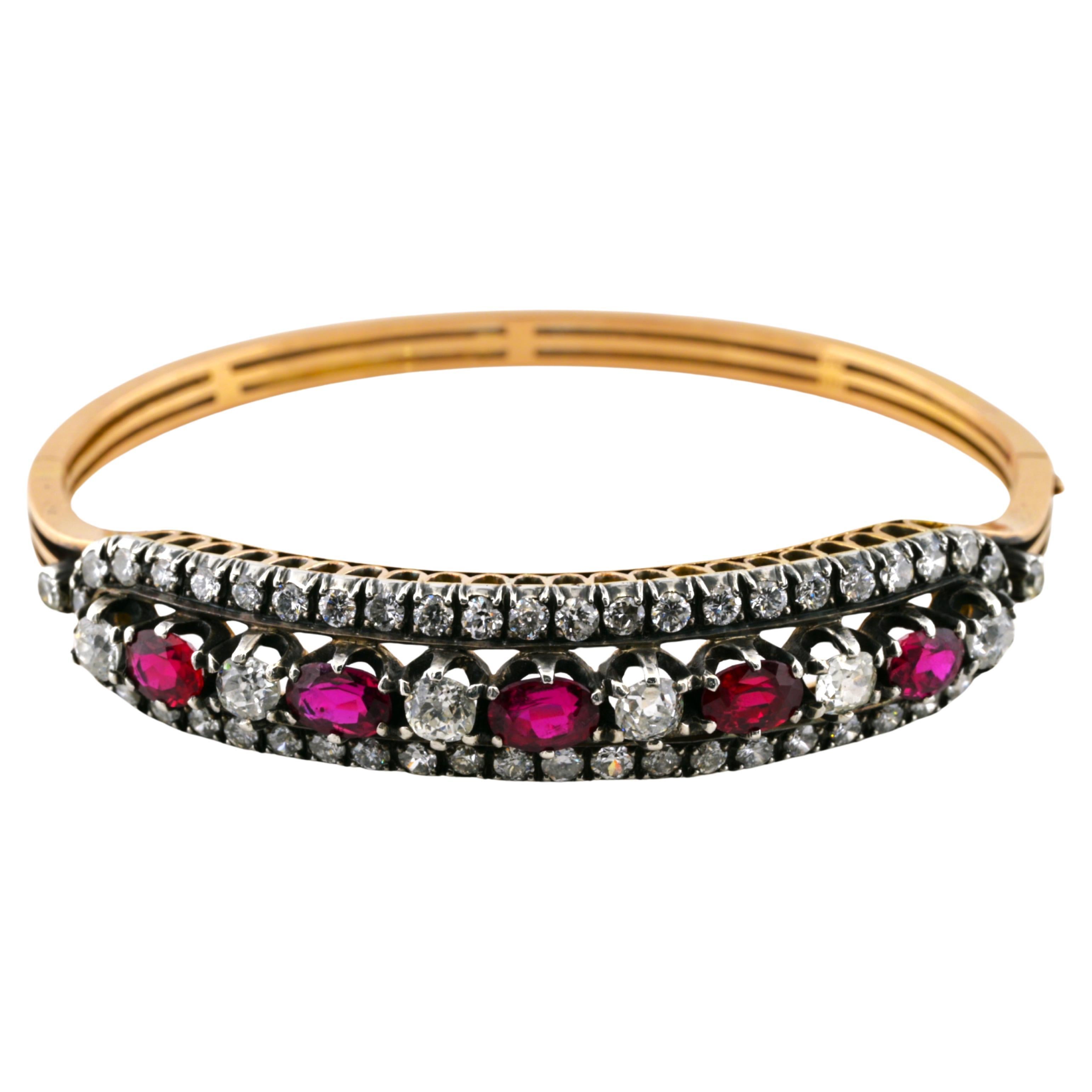 Victorian 3.80 Ct Natural Ruby 4.60 Ct. Diamond 14 KT Gold Riviere Bangle