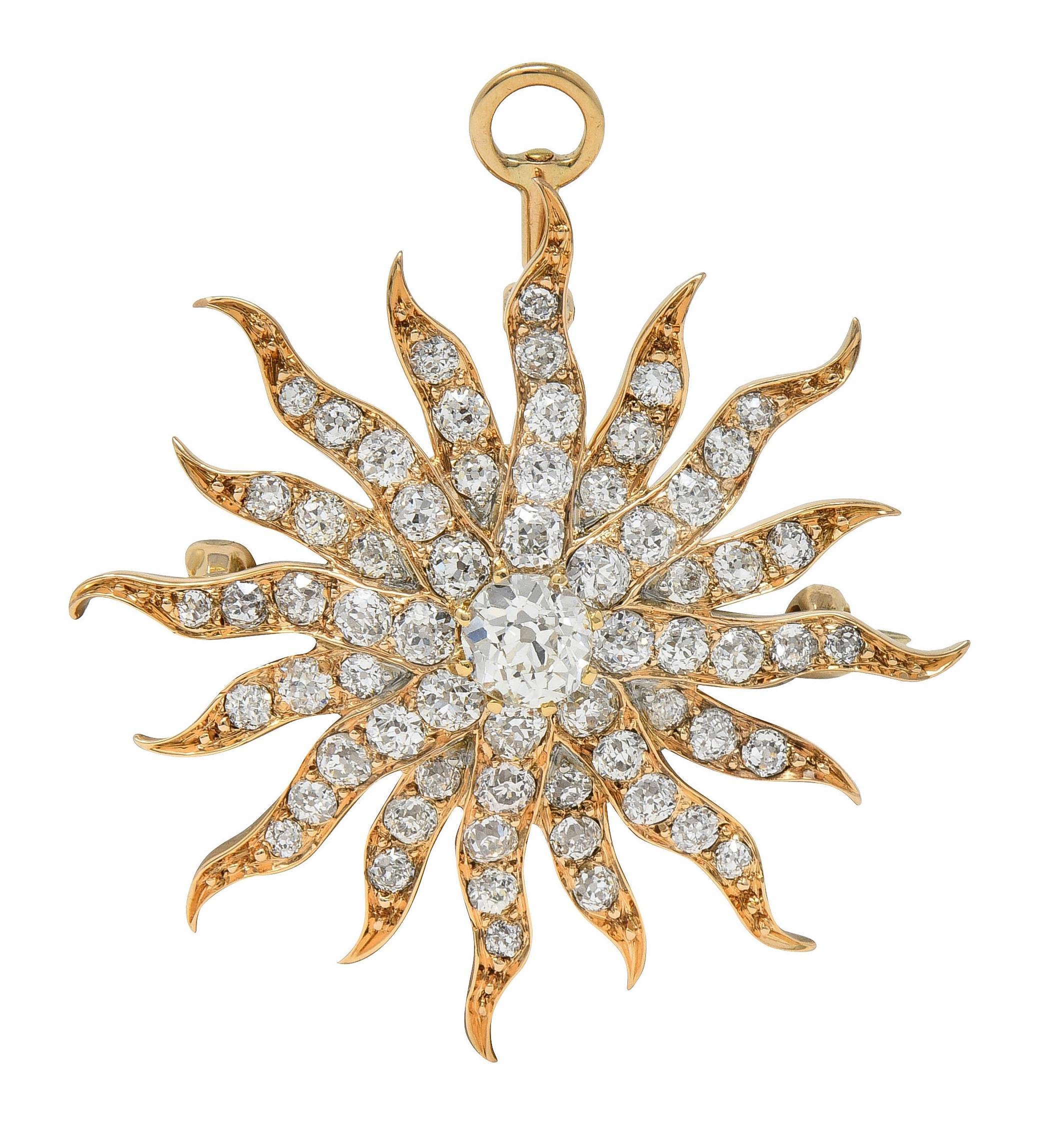 Old Mine Cut Victorian 3.80 CTW Diamond 14 Karat Yellow Gold Antique Starburst Pendant Brooch For Sale