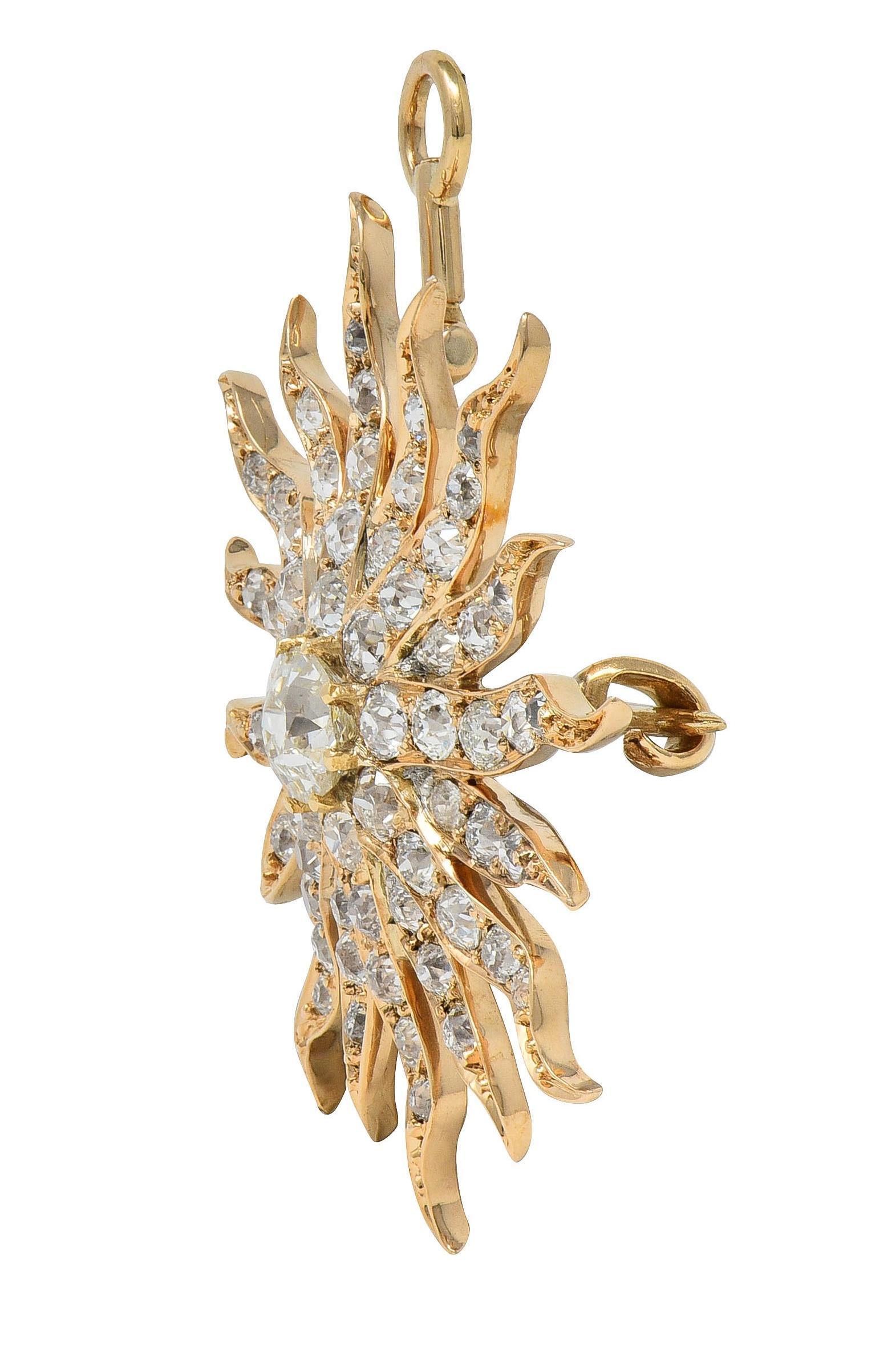 Victorian 3.80 CTW Diamond 14 Karat Yellow Gold Antique Starburst Pendant Brooch In Excellent Condition For Sale In Philadelphia, PA