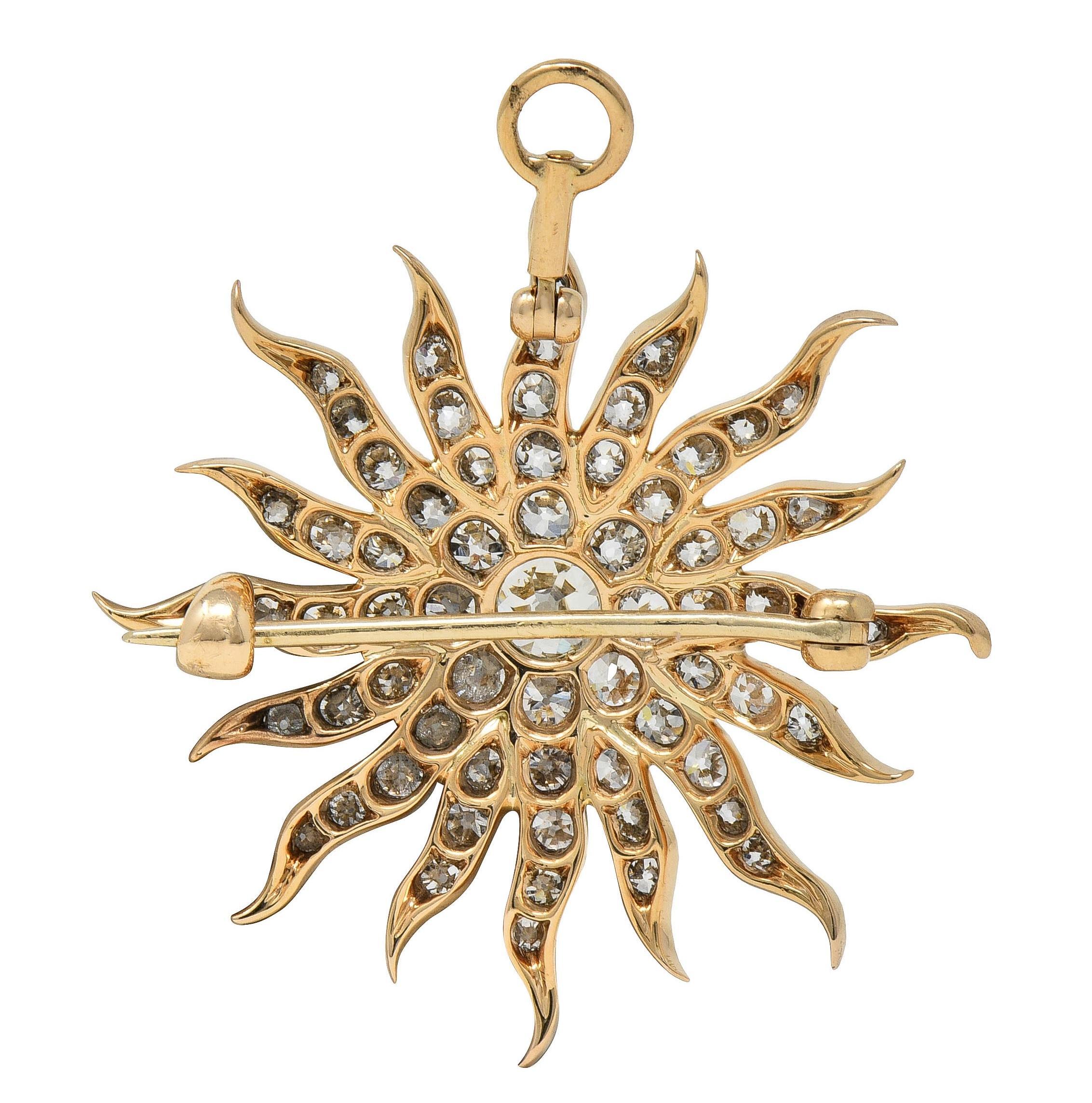 Women's or Men's Victorian 3.80 CTW Diamond 14 Karat Yellow Gold Antique Starburst Pendant Brooch For Sale