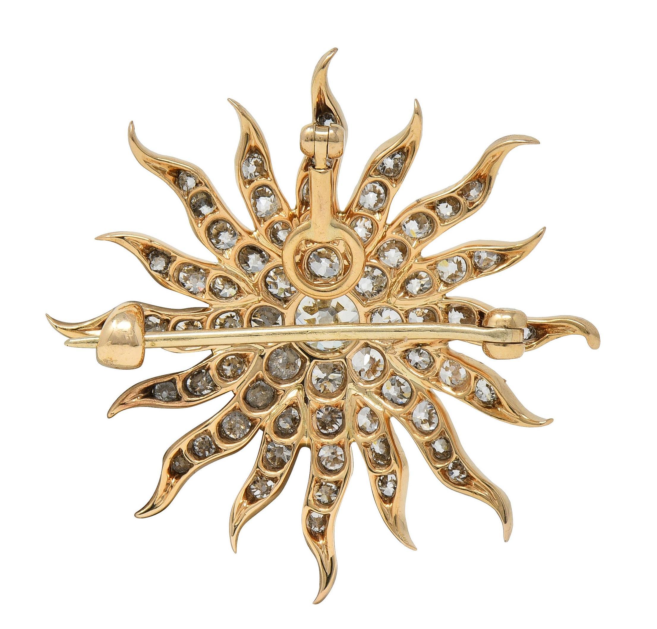 Victorian 3.80 CTW Diamond 14 Karat Yellow Gold Antique Starburst Pendant Brooch For Sale 1
