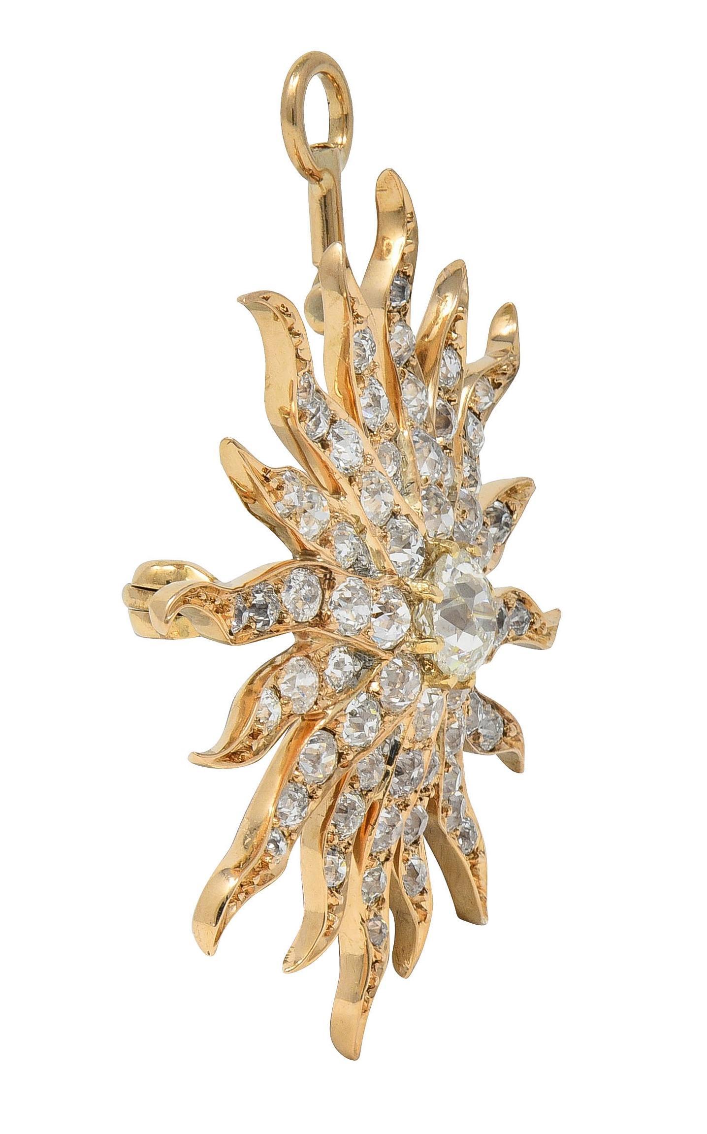 Victorian 3.80 CTW Diamond 14 Karat Yellow Gold Antique Starburst Pendant Brooch For Sale 2