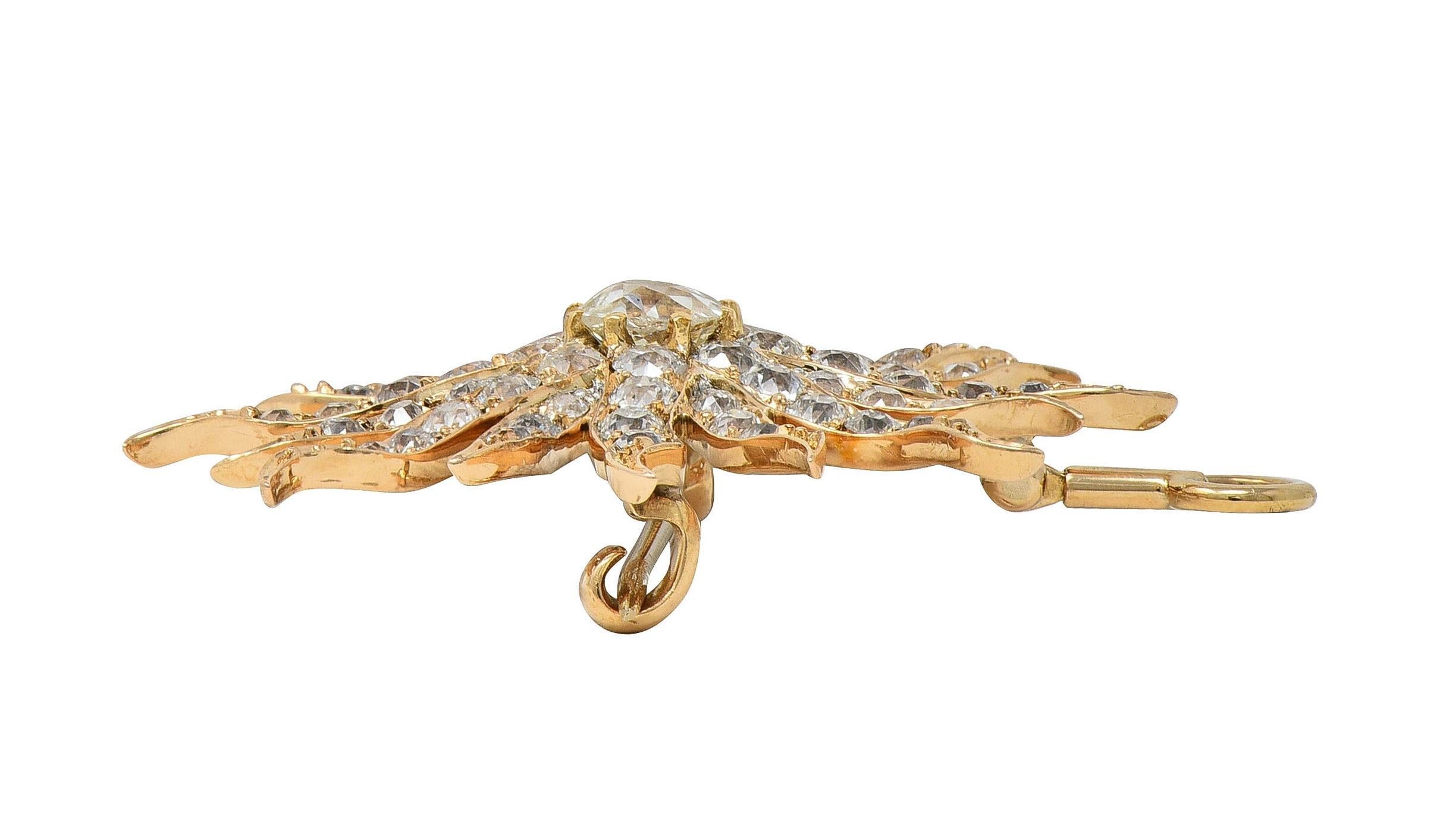 Victorian 3.80 CTW Diamond 14 Karat Yellow Gold Antique Starburst Pendant Brooch For Sale 3