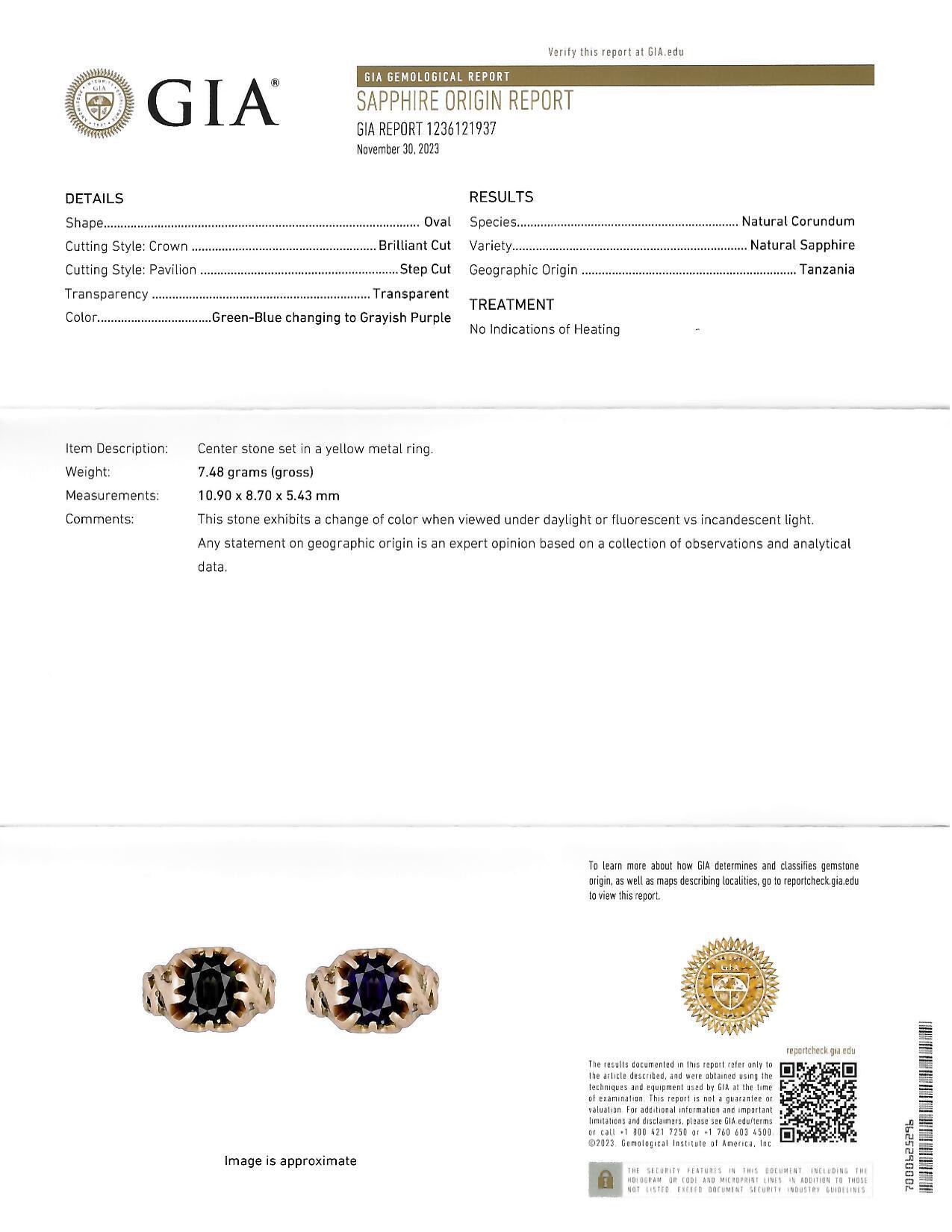Victorian 3.81 CTW No Heat Color Change Sapphire 14 Karat Gold Belcher Ring GIA 7