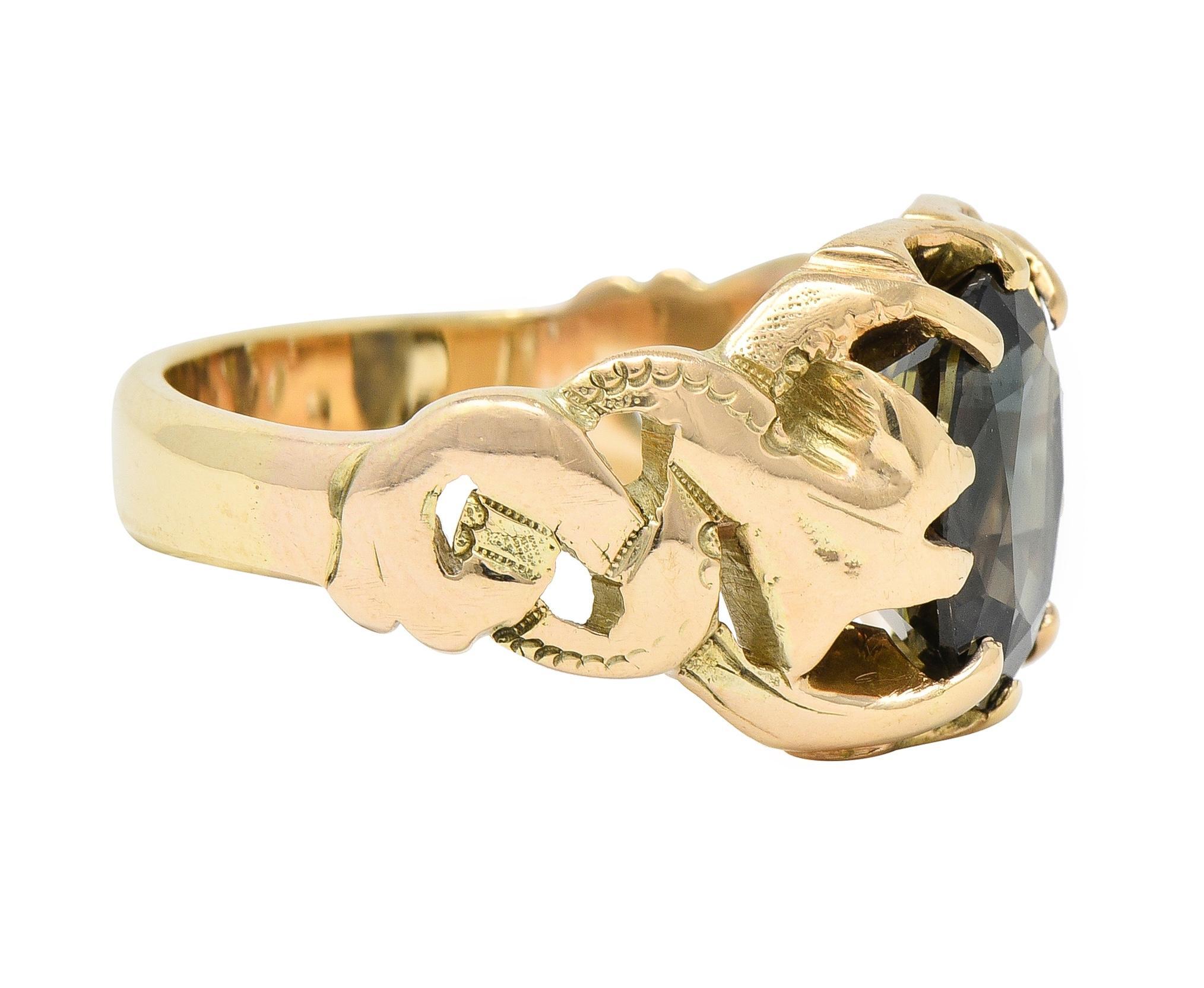Oval Cut Victorian 3.81 CTW No Heat Color Change Sapphire 14 Karat Gold Belcher Ring GIA