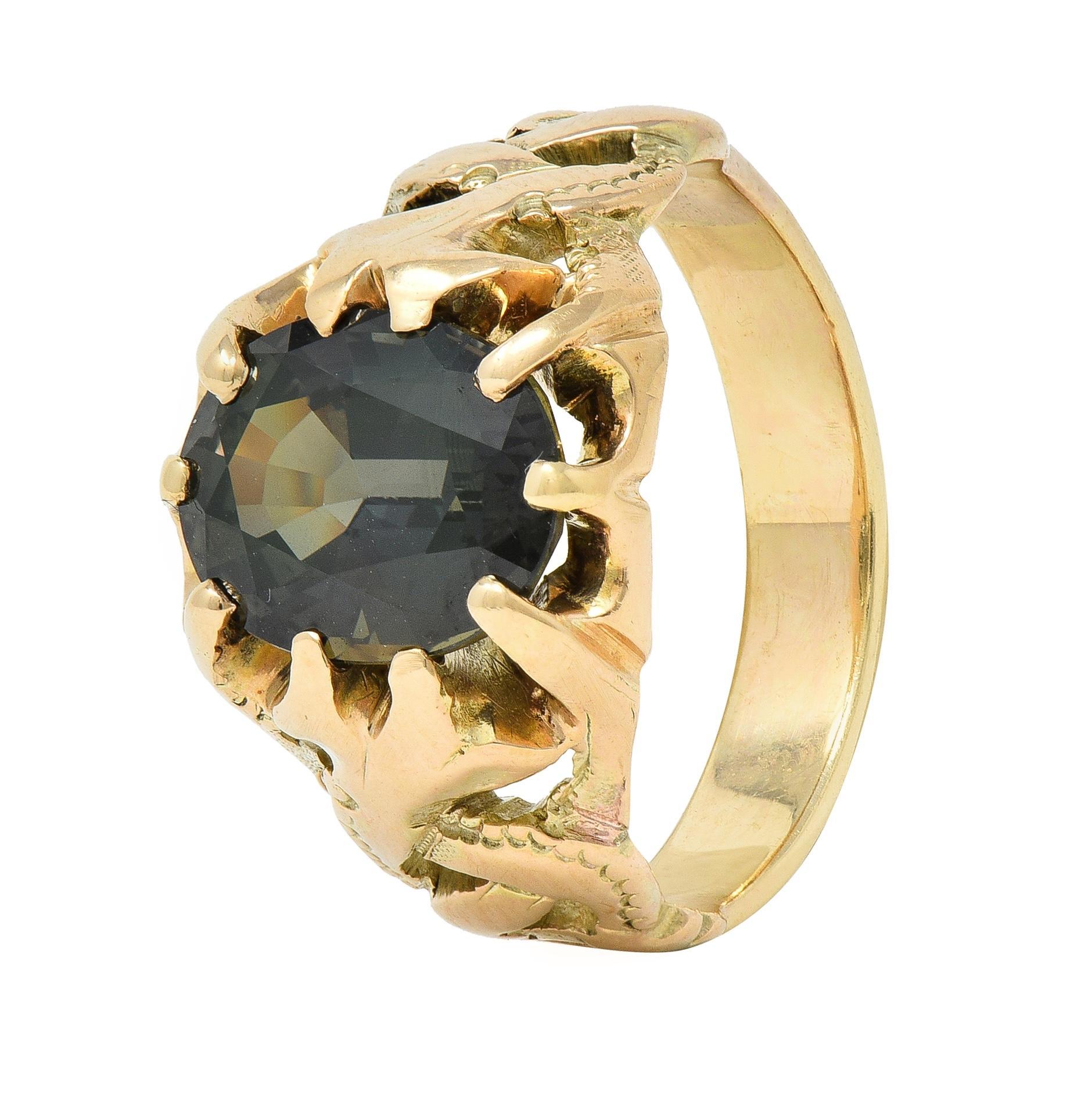 Victorian 3.81 CTW No Heat Color Change Sapphire 14 Karat Gold Belcher Ring GIA 2