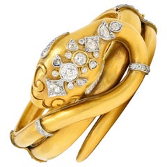 Victorian 3.90 Carat Diamond Platinum 18 Karat Yellow Gold Snake Bangle Bracelet